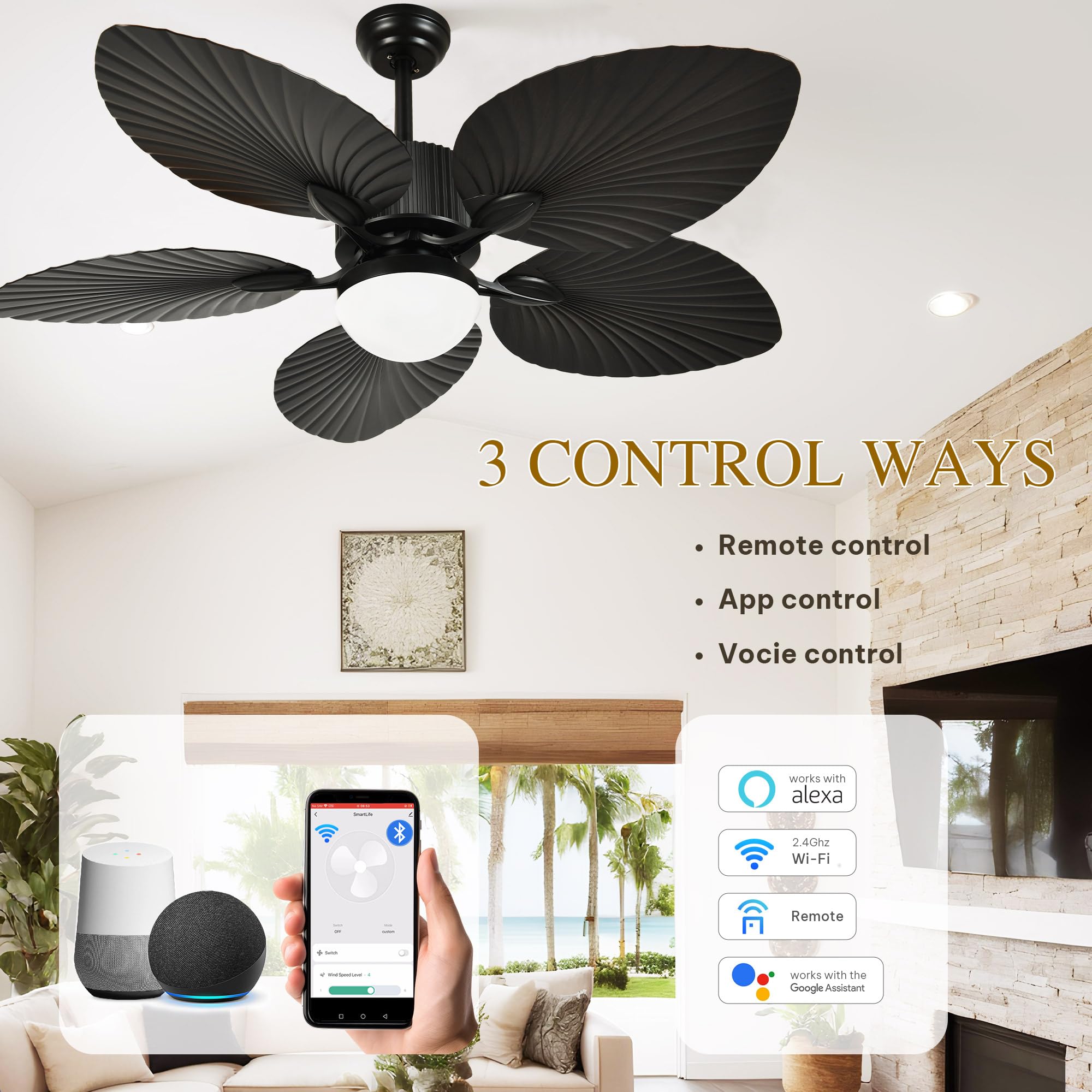 YITAHOME Tropical Ceiling Fan with Lights, 3 Ways Control, Dimmable 52 Inch Retro Ceiling fan with Cleaner Duster, Black Smart Ceiling Fan Compatible with Alexa for Living Room, Dining Room