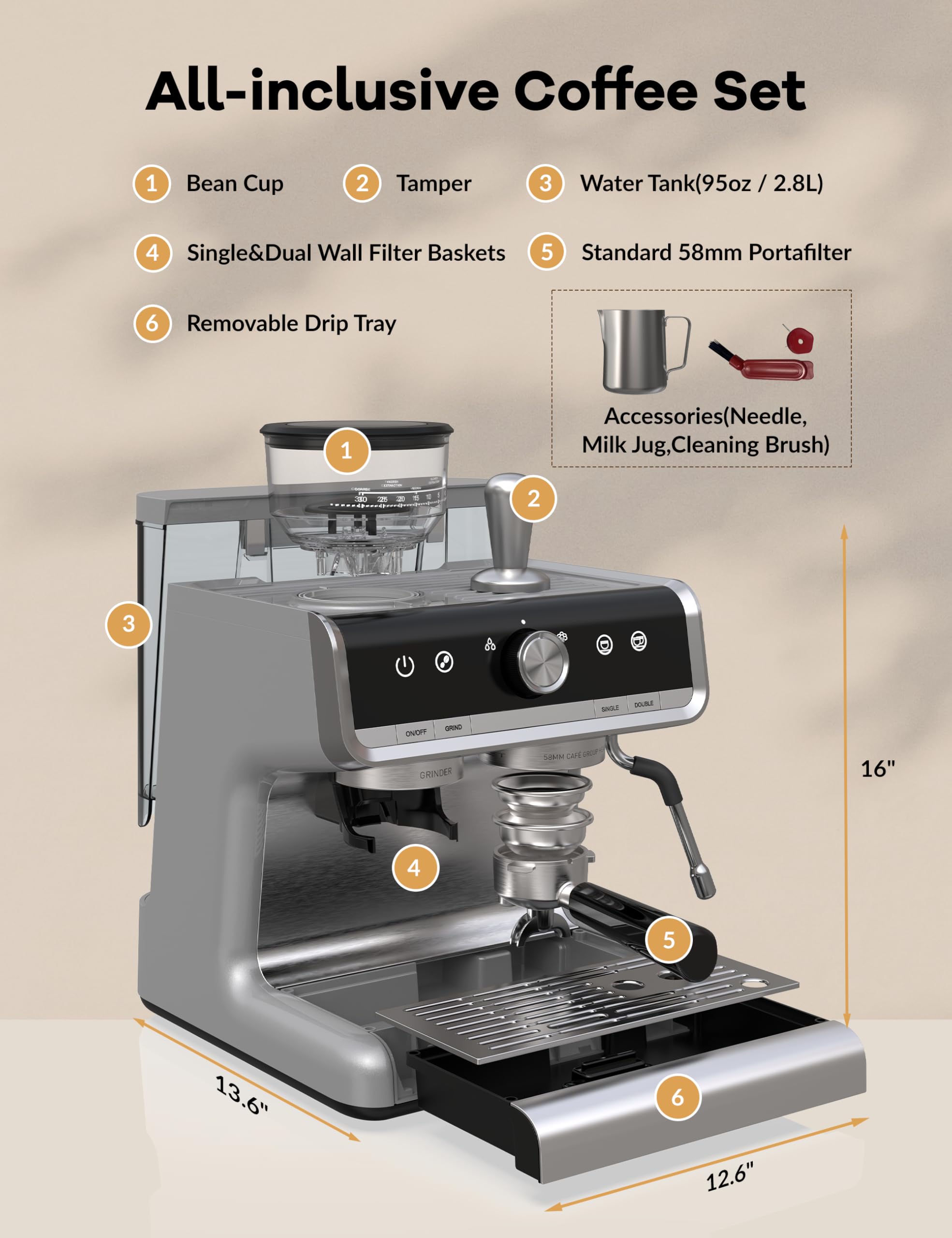 Espresso Machine, 20 Bar Semi Automatic Espresso Machine With Grinder and Milk Frother Wand, Professional Espresso Maker Coffee Machine With 95oz Removable Water Tank (Light Grey)