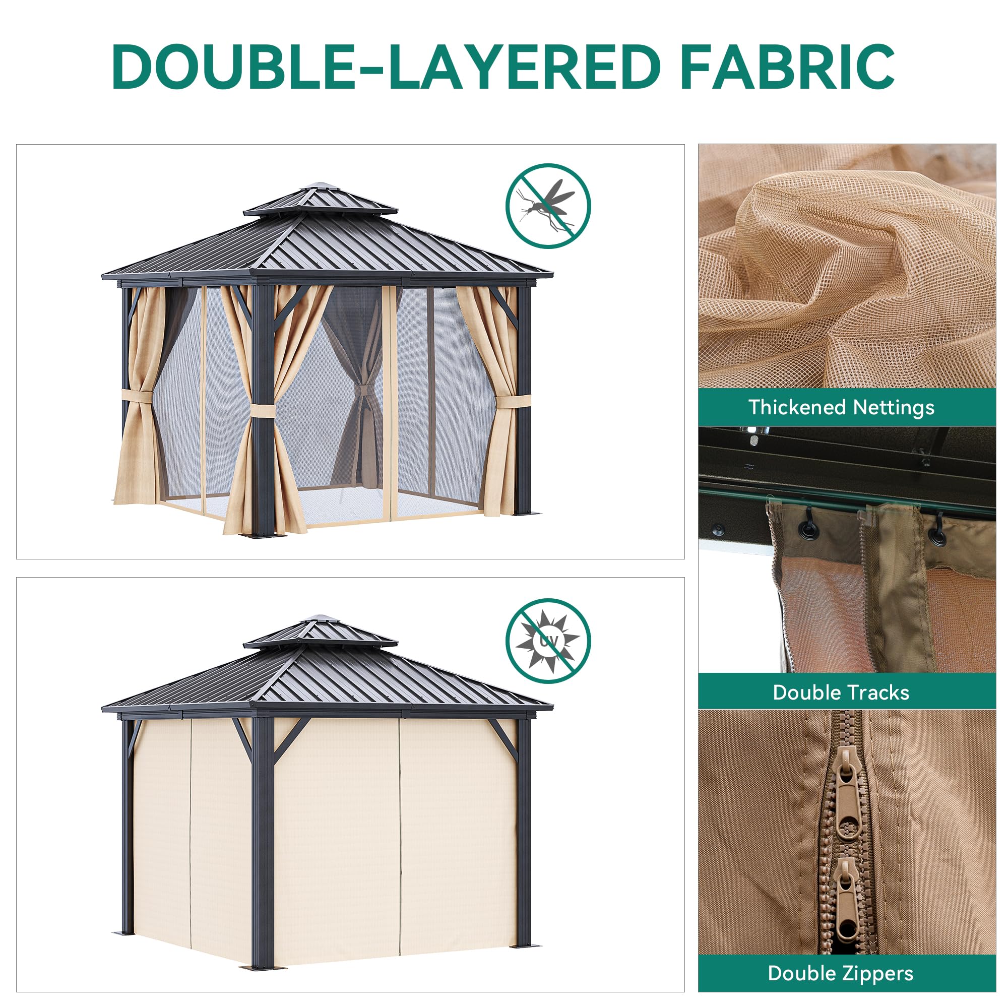 YITAHOME 10x10ft Gazebo Double Roof Hardtop with Nettings and Curtains, Heavy Duty Galvanized Steel Outdoor Vertical Stripes Roof for Patio, Backyard, Deck, Lawns, Brown