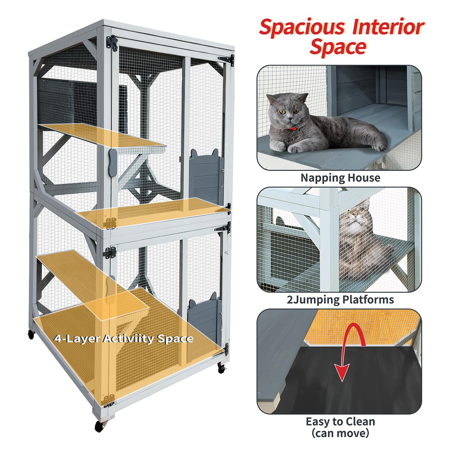 71'' Catio Outdoor Cat House on Wheels, Outdoor Cat Enclosure for 2 Cats Cat Cage with Waterproof Cover, Feral Cat Shelter with 4 Platforms and Resting Box