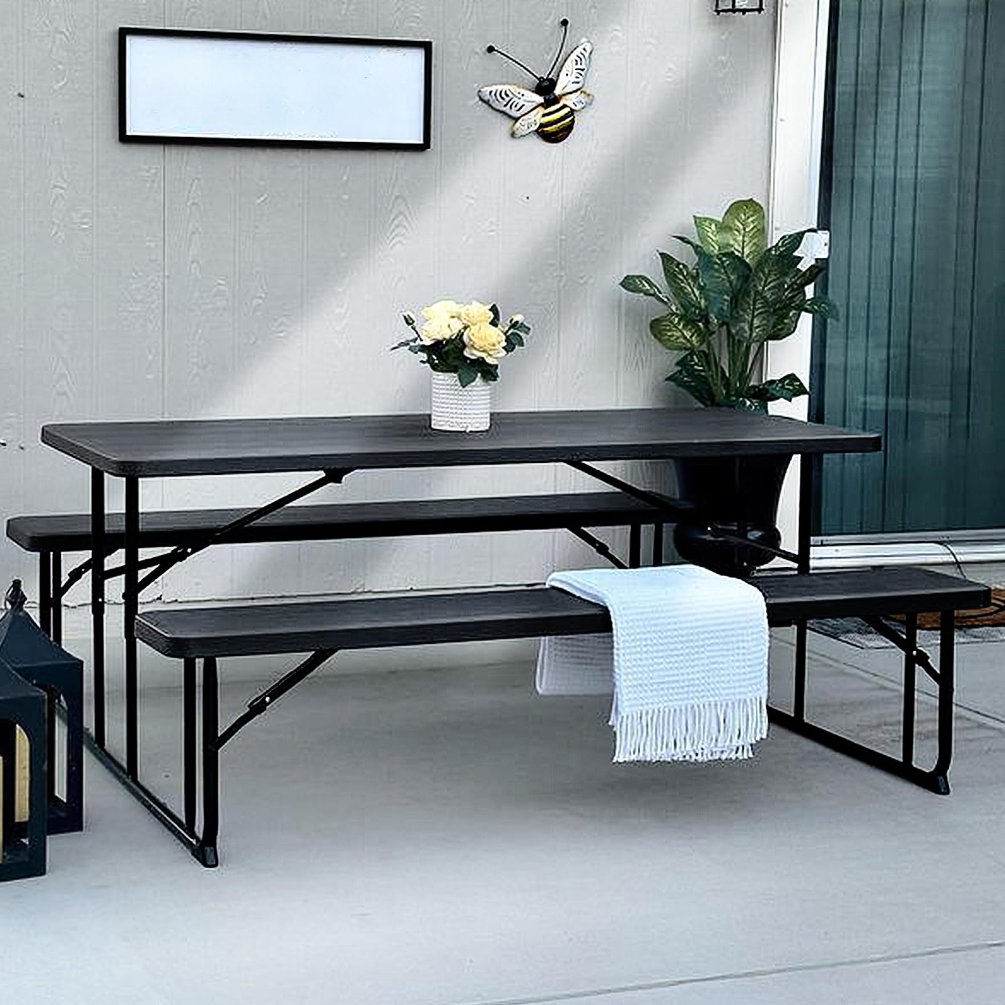 YITAHOME 6FT Large Folding Picnic Table w/Easy Assembly Steel Frame & Wood Like Tabletop, All Weather Folding Picnic Tables with Benches Ideal for Yard Patio Lawn Party, Black