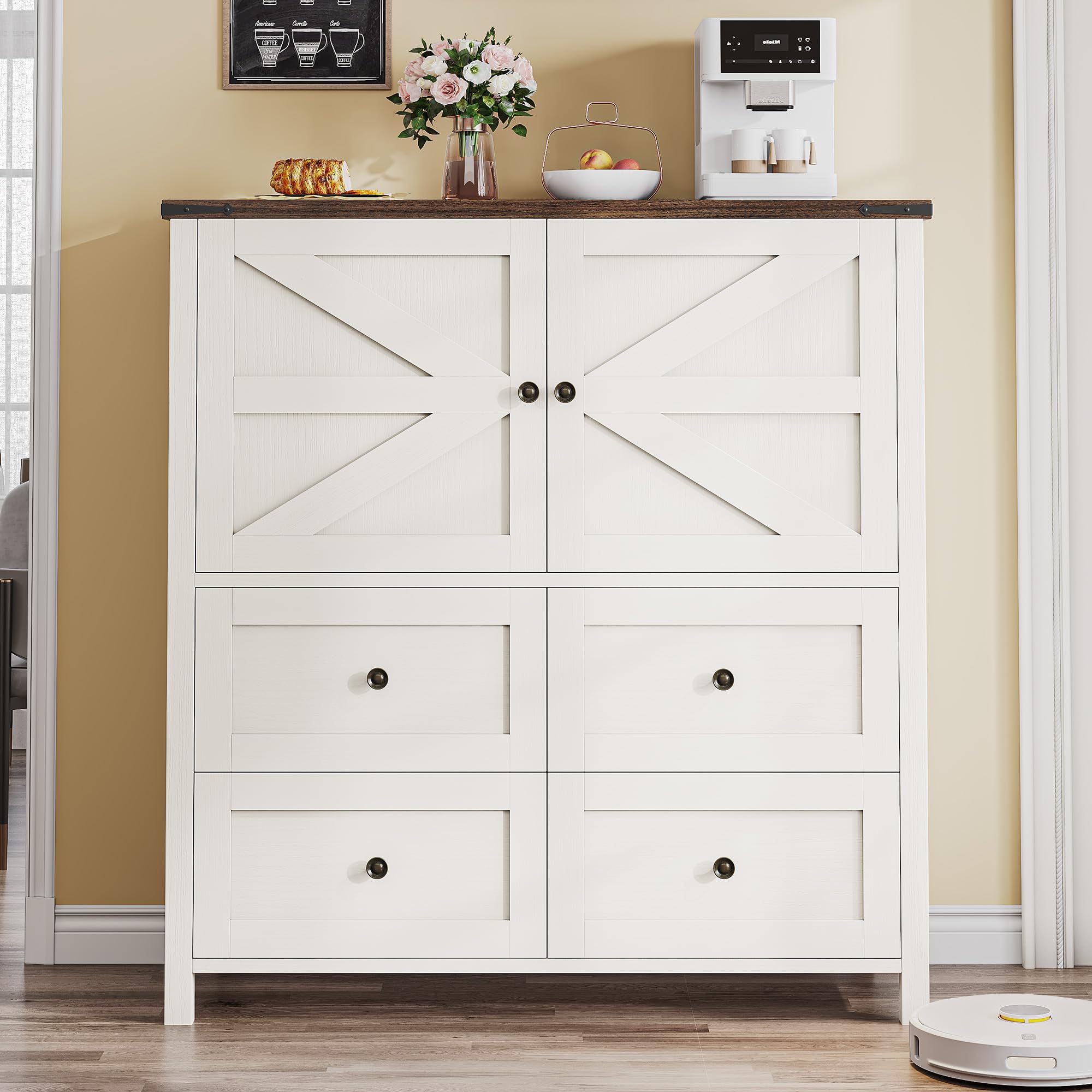 DWVO 4 Drawer Dresser - Farmhouse Chest of Drawers for Bedroom, 37" Tall Modern Dresser Cabinet Barn Doors with Adjustable Shelf, Wood Storage Organizer for Living Room, Hallway, Closet, White