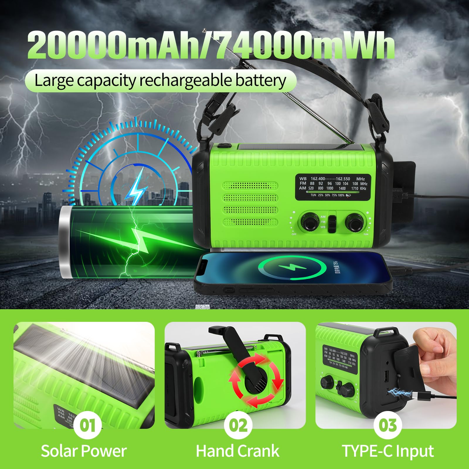 20000mAh / 74000mWh Emergency Crank Radio, NOAA/AM/FM Portable Weather Radio, Solar Hand Crank Radio, Battery Powered with USB Phone Charger, Flashlight Reading Lamp & SOS for Survival Camping