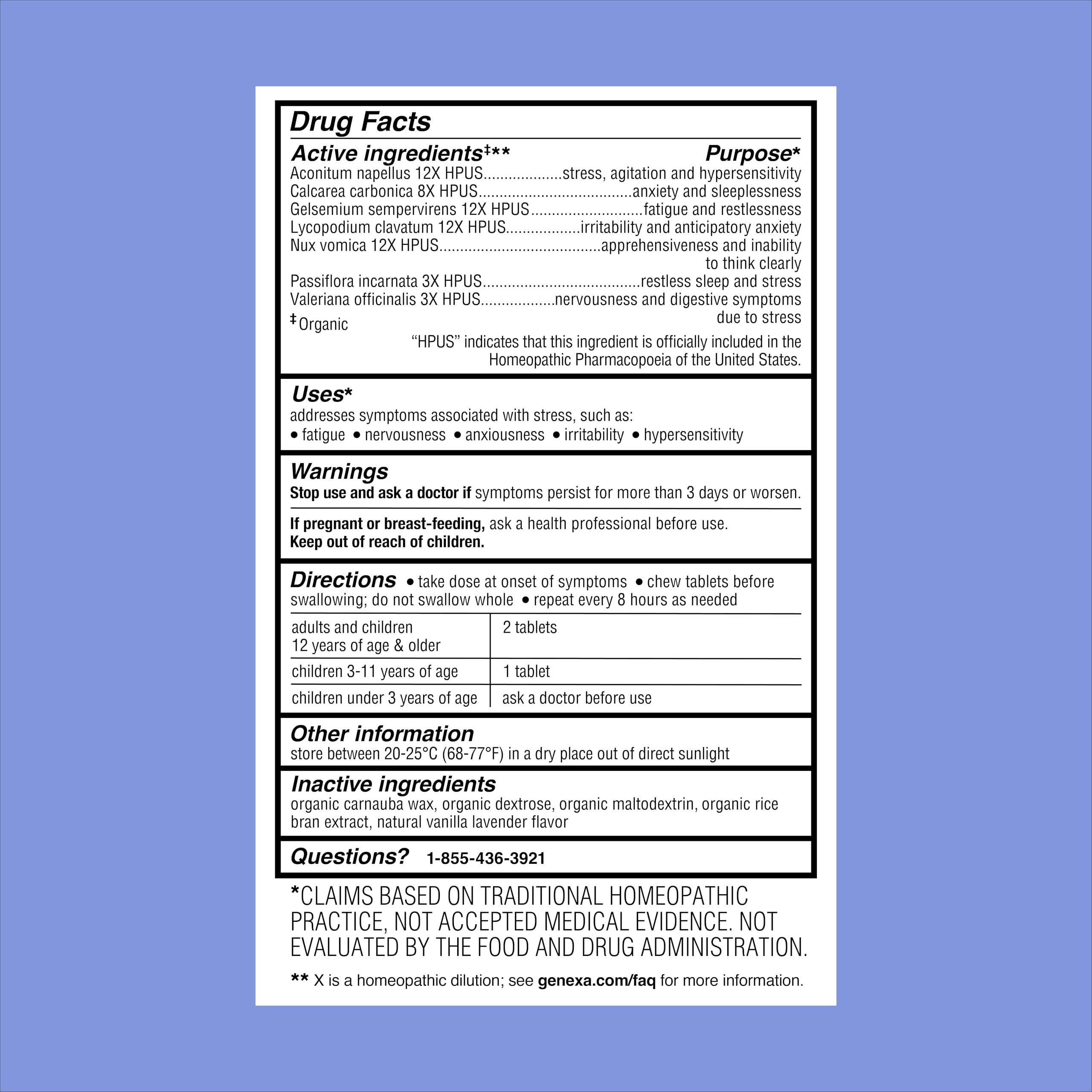 Genexa Stress for Adults | Anxiety & Irritability Relief | Fatigue Remedy | Natural Vanilla & Lavender Flavor | Gluten Free & Non-GMO | Homeopathic Remedy Made Clean | 60 Chewable Tablets