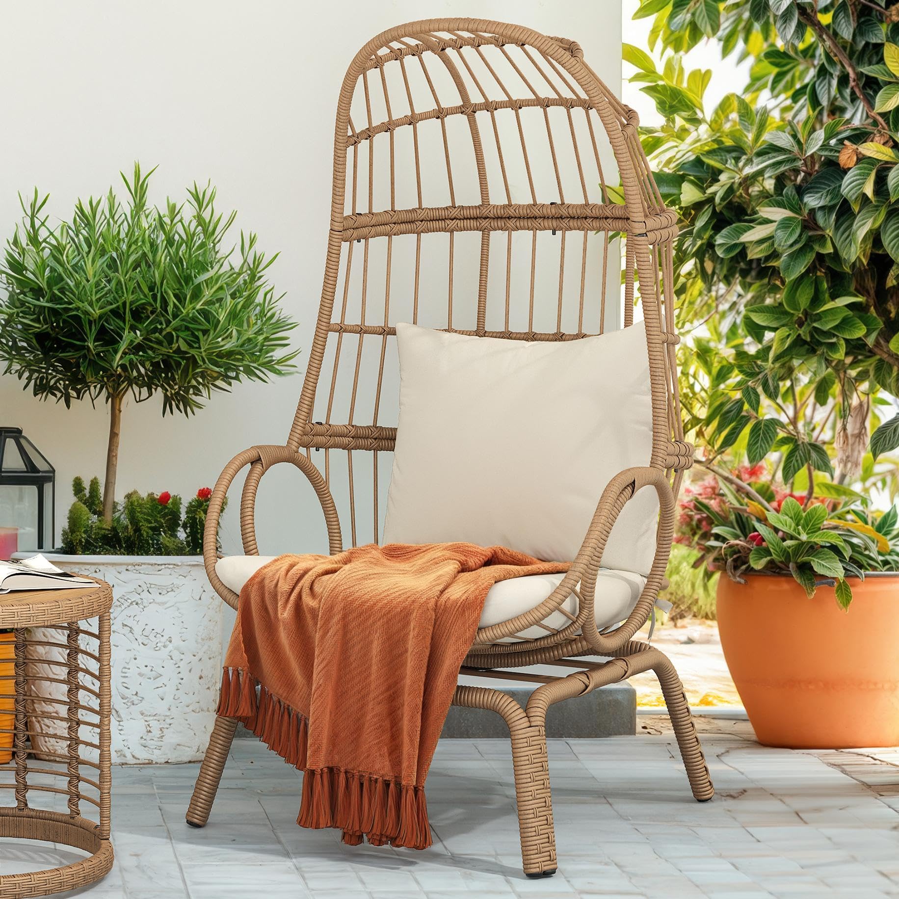 DWVO Swivel Egg Chair Outdoor, 370lbs Capacity Wicker Patio Rotating Basket Chair, All-Weather Small Egg Lounger Chair for Indoor Outside, Beige