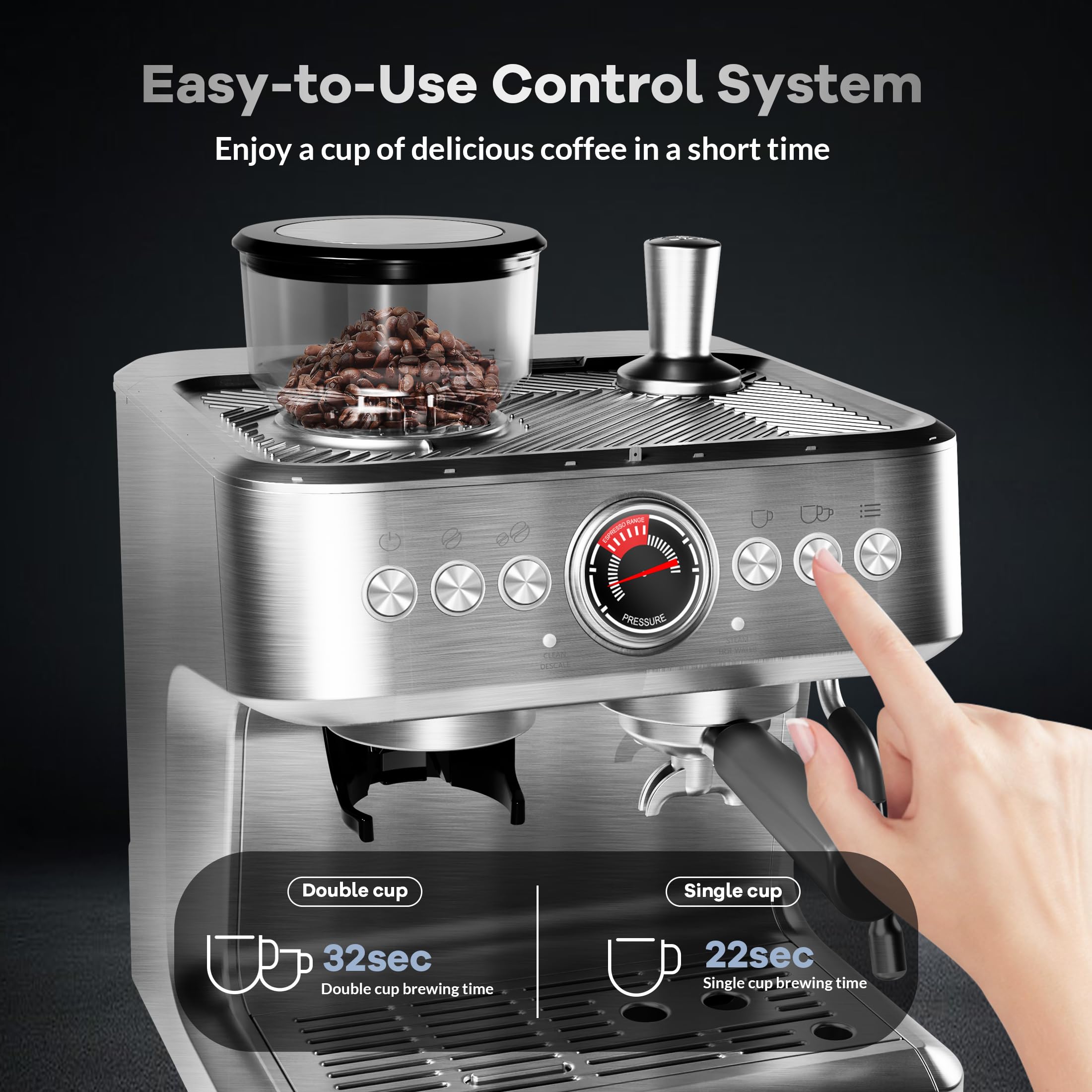 Garvee 20 Bar Espresso Machine, Espresso Maker with Grinder and Milk Frother Steam Wand, Professional Coffee Machine with 96 Oz Removable Water Tank for Cappuccino Latte, Silver