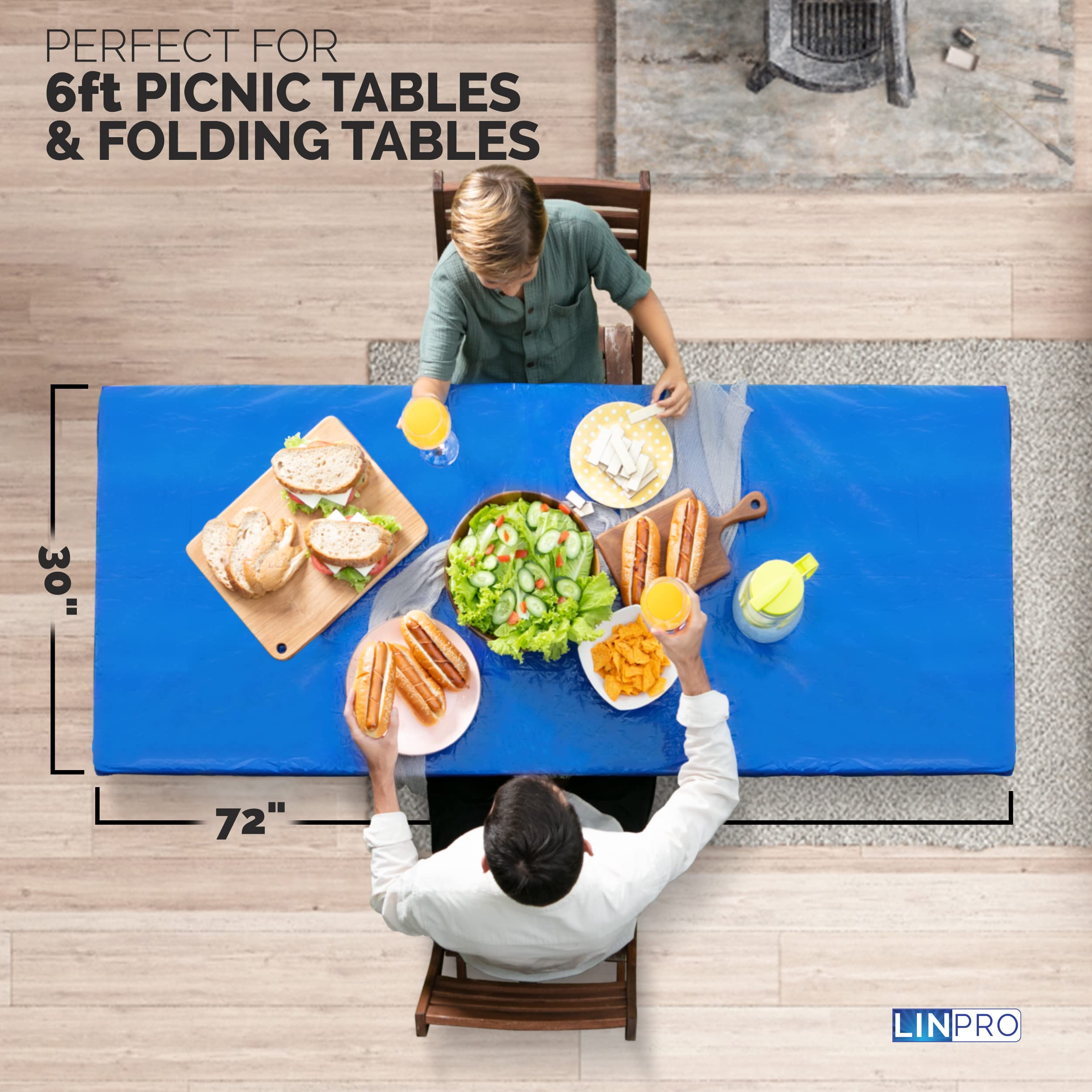 LINPRO 2Pk Plastic Table Cloths, 8ft Disposable Tablecloths for Parties & Folding Tables Waterproof Outdoor Fitted Camping Picnic Table Cover with Elastic Blue