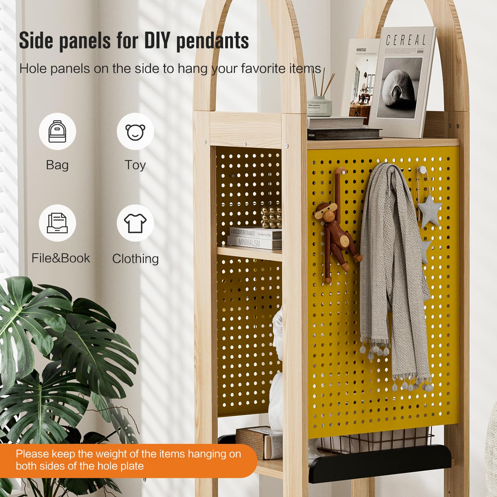 PulSpeed 360° Rotating Bookshelf 59" Tall - 4-Tier Solid Beech Wood & Iron Shelf DIY Pegboard, Anti-Tip Design Heavy Duty Storage for Small Space/Office/Living Room/Nursery/Apartment/Kid's Room