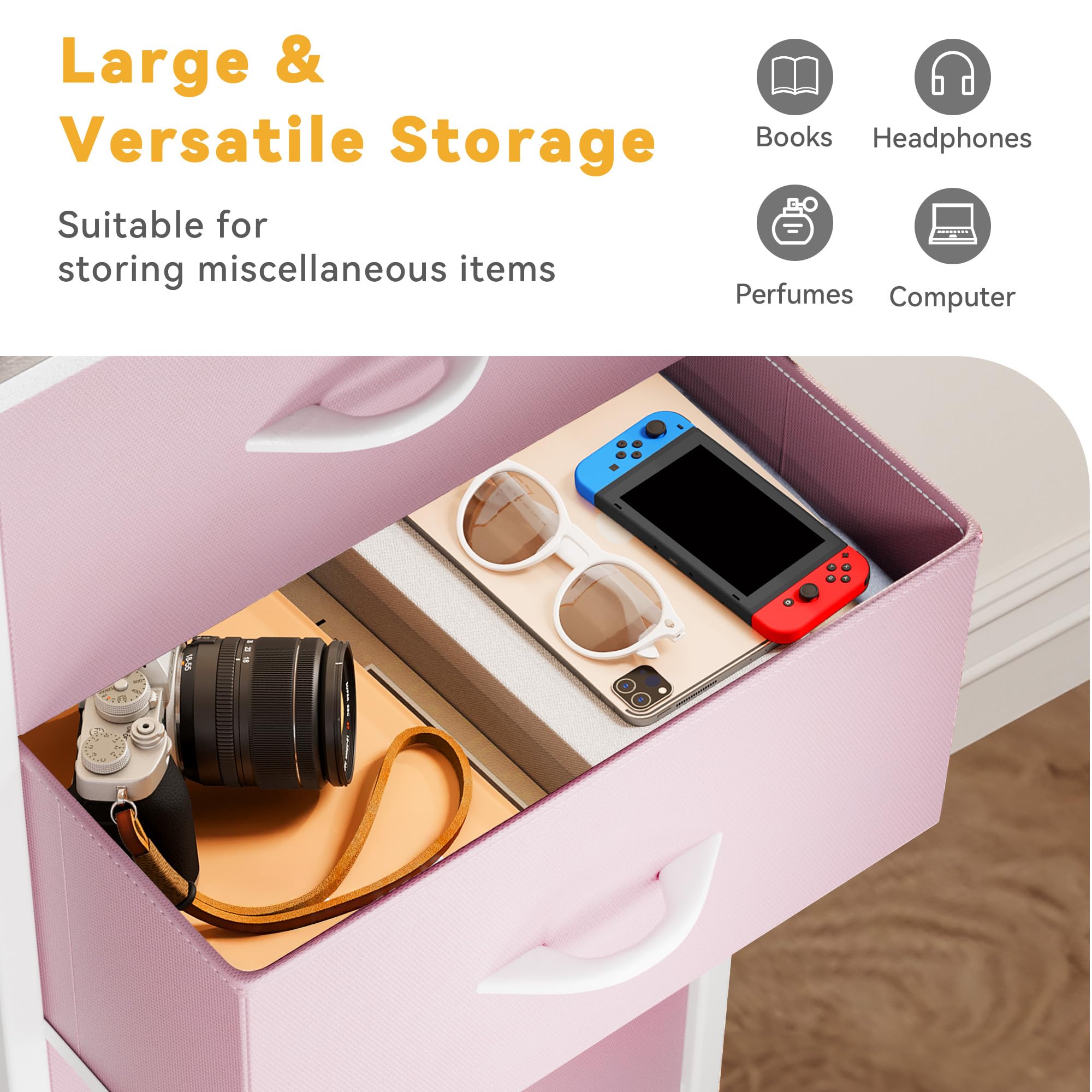 DWVO Storage Drawer with 4 Drawers - Fabric Dressers, Dresser for Living Room, Closets - Sturdy Steel Frame, Wooden Top & Easy Pull Fabric Bins, Cool Pink