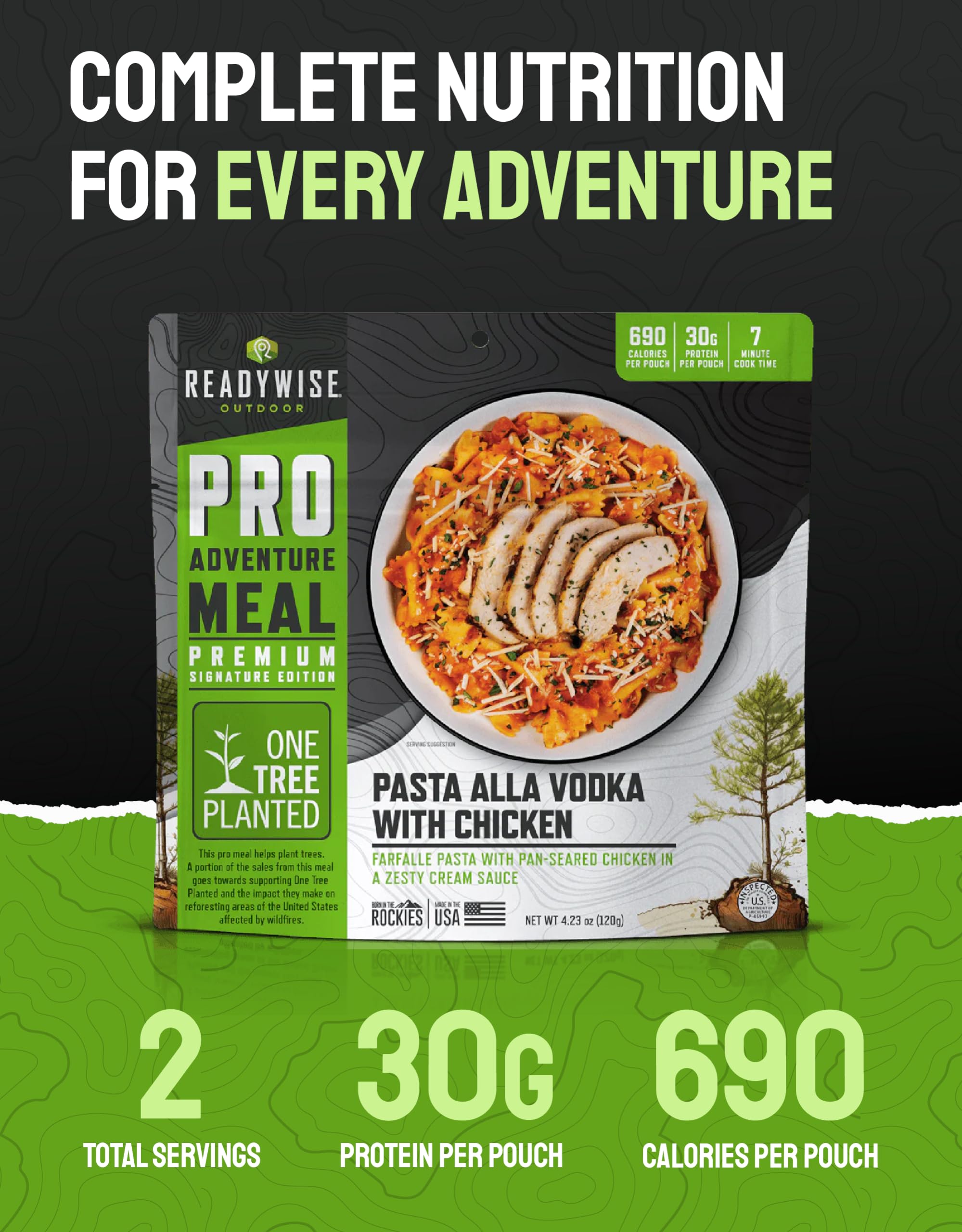 ReadyWise Outdoor Pro Adventure Meal Pasta alla Vodka with Chicken, Premium Freeze-Dried Food for Camping, Hiking, and Backpacking, 690 Calories, 30 Grams of Protein, 2 Servings, 1 Pouch