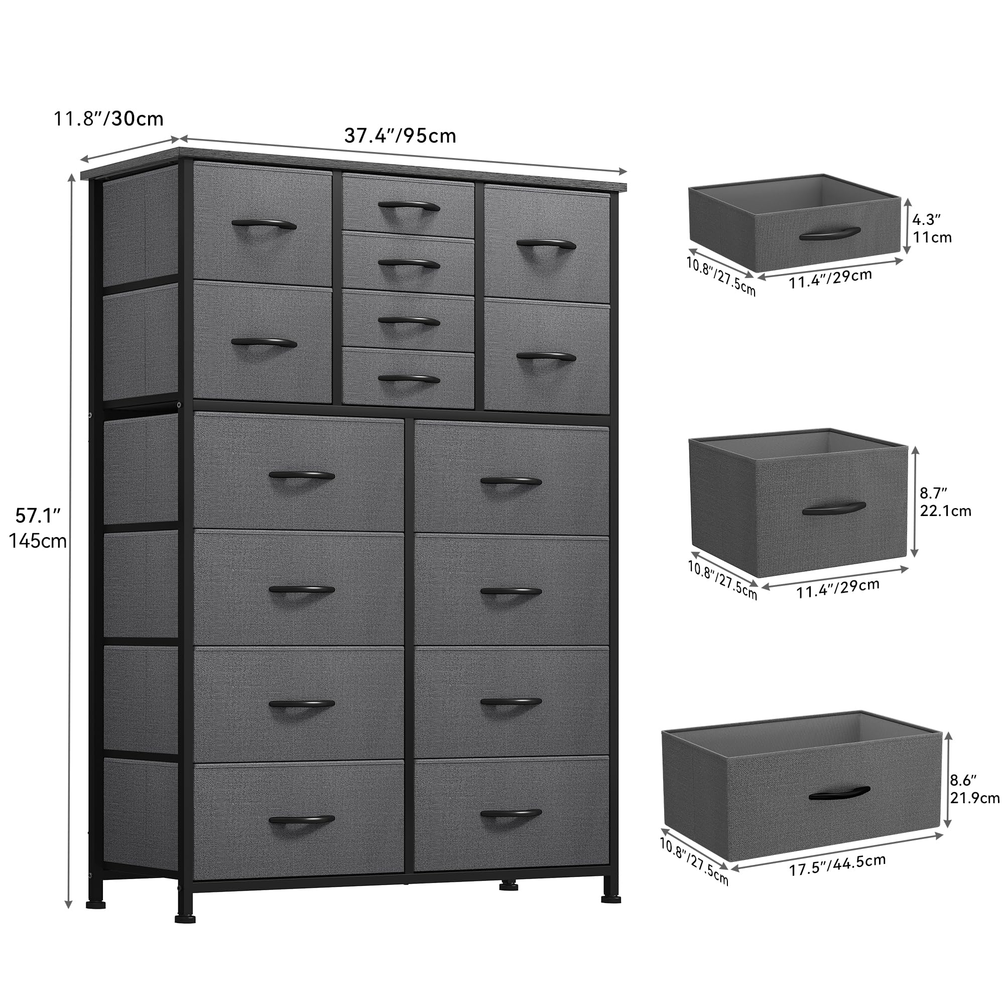 DWVO 16 Drawer Dresser, Tall Fabric Dresser, Large Chest of Drawers, Gray Storage Organizer Closet Living Room Entryway with Sturdy Metal Frame and Wooden Top, Gray