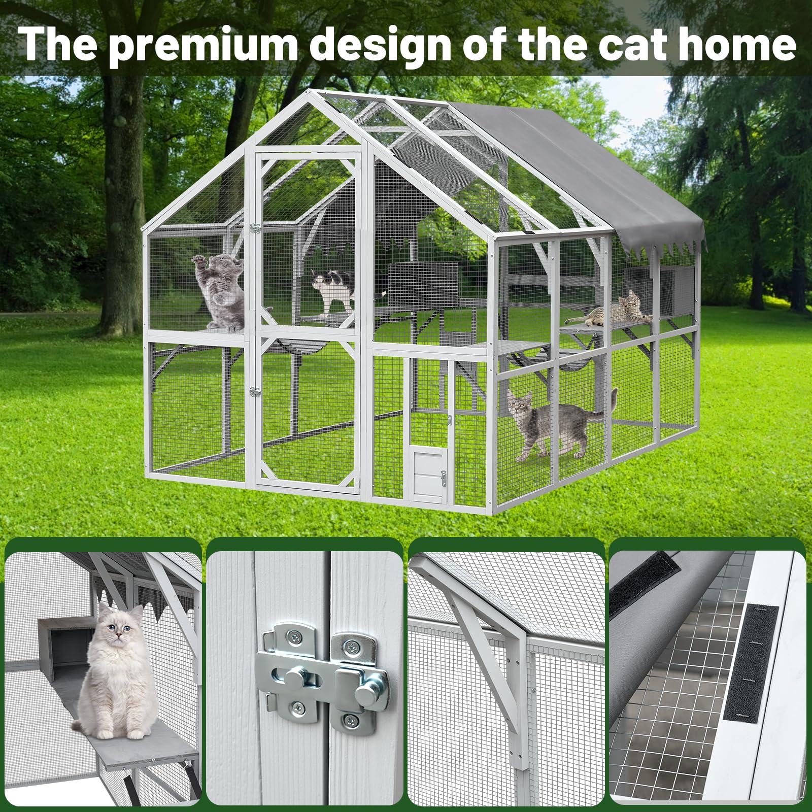 110" Large Wooden Window Catio Outdoor Cat Enclosure Walk in Cat Cage Kitten Playpen Patio with Weatherproof Roof, Multiple Platforms, 2 Bouncy Bridges and 2 Resting Houses