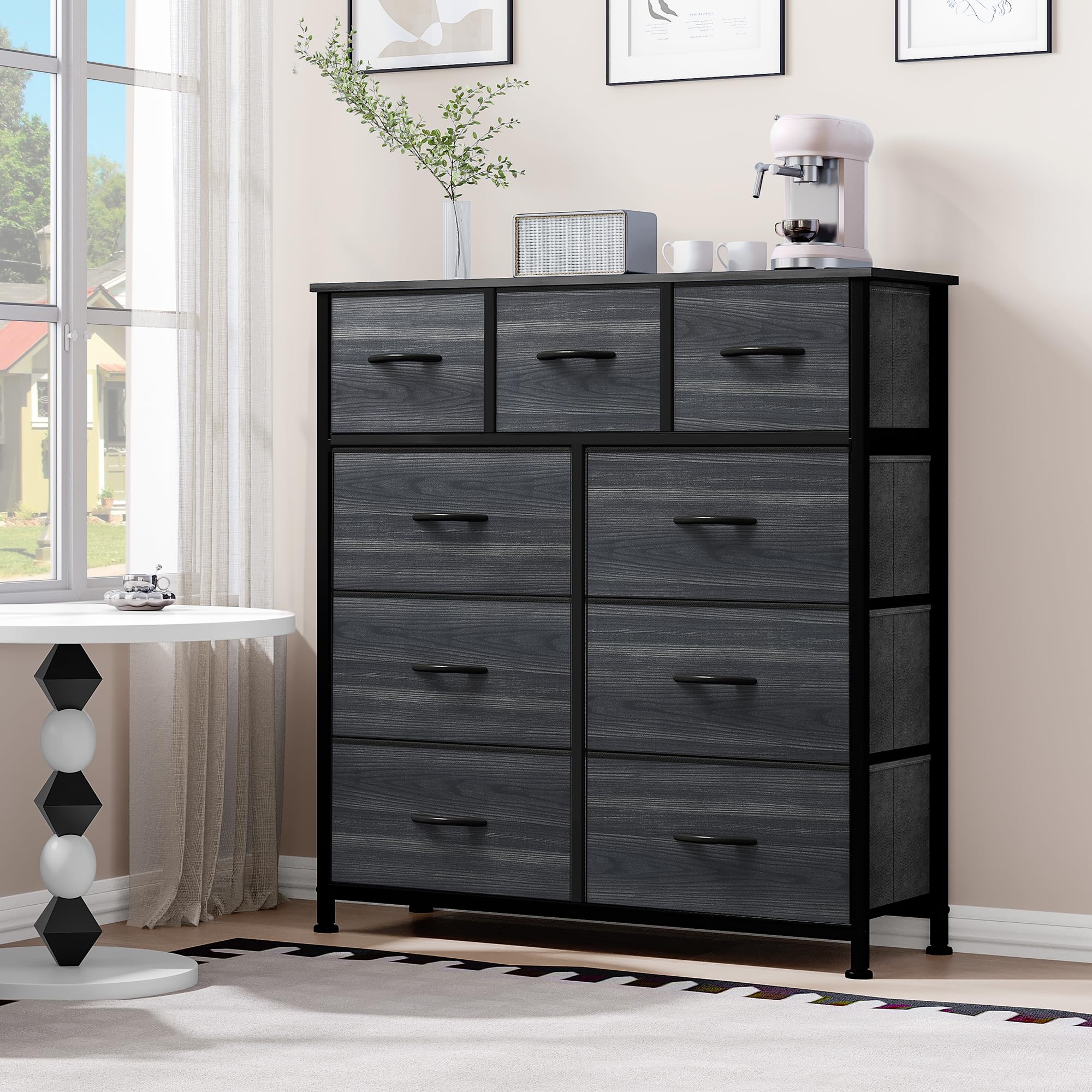 DWVO Dresser with 9 Drawers - Fabric Storage Tower, Organizer Unit for Living Room, Hallway, Closets - Sturdy Steel Frame, Wooden Top & Easy Pull Fabric Bins (Charcoal Black)