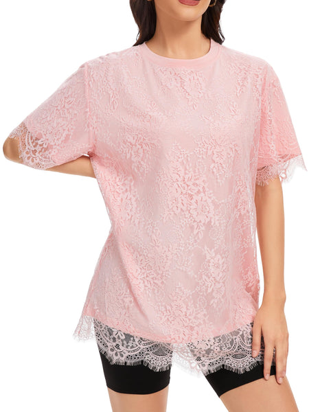 NNMO Women's Scalloped Hem Lace Tunic Top Casual Elegant Cute Modest Blouse (US, Alpha, Small, Regular, Regular, Pink)