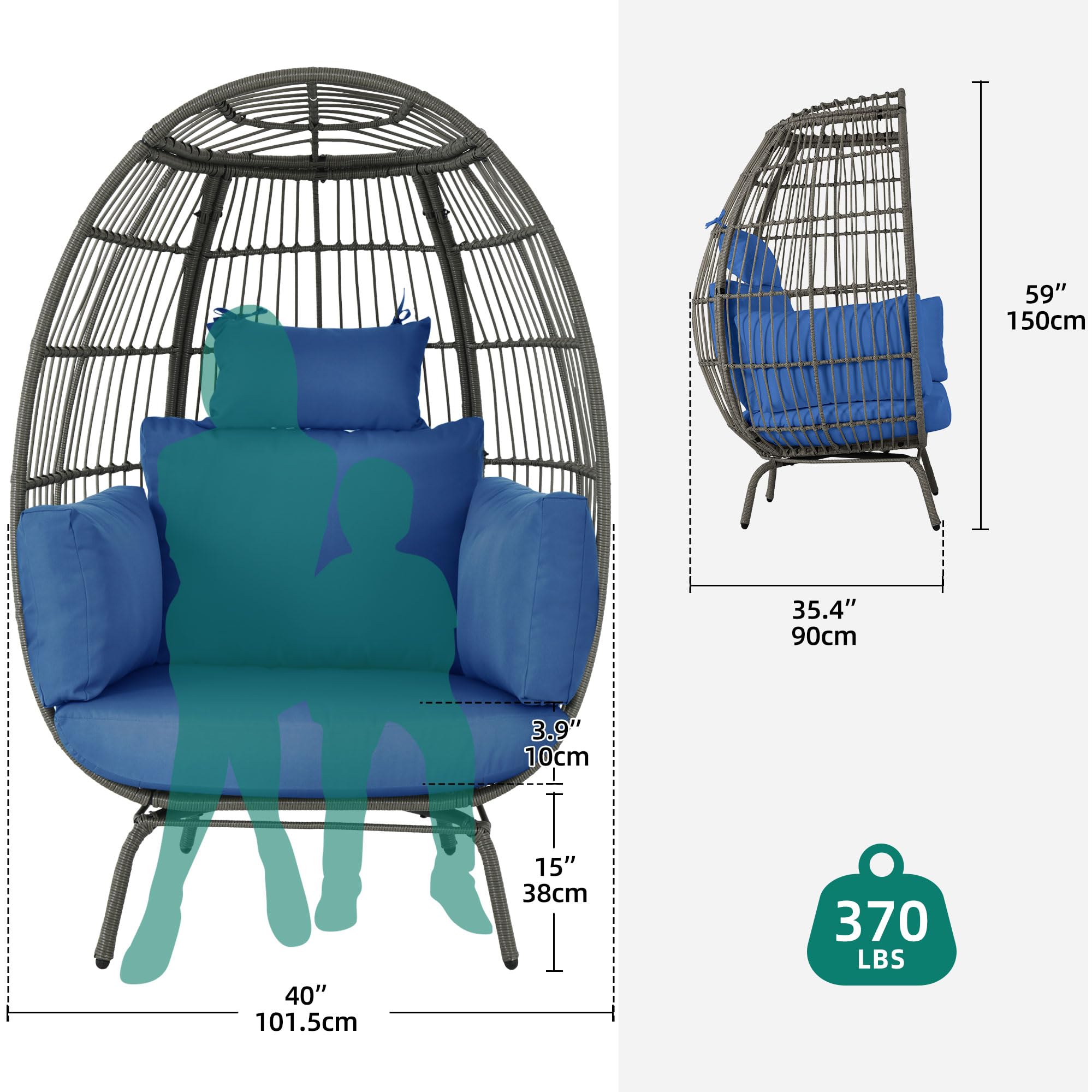 YITAHOME Accent Living Room Egg Chair, Wicker Oversized Basket Chair with 5 Thick Cushions, Comfy Recliner Lazy Chair for Indoor, Bedroom, Reading Room, Lounge (Blue)