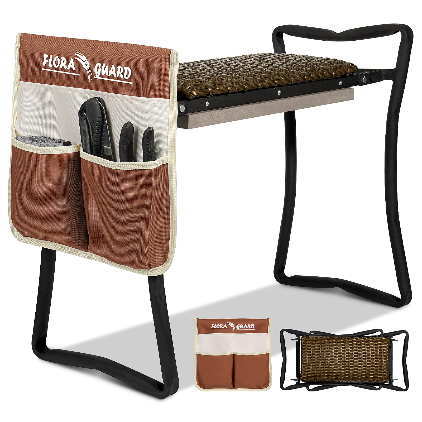 FLORA GUARD Garden Kneeler and seat, Folding seat with Tool Bag, Rattan Cushion, Heavy Duty Carbon Steel Construction, Perfect Gardening Gift for Seniors and Women