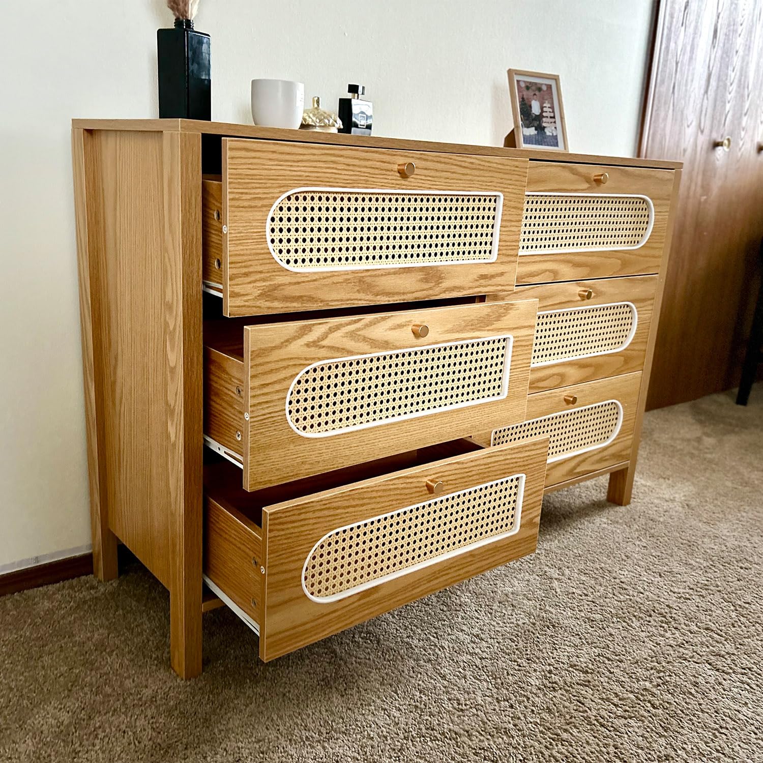 DWVO Buffet Cabinet Rattan - Storage Cabinet with 6 Wood Storage Closet Dressers Chest - Coffee Bar Cabinet with Drawer-Accent Cabinet with Golden Handles for Living Room/Dining Room/Entryway-Natural