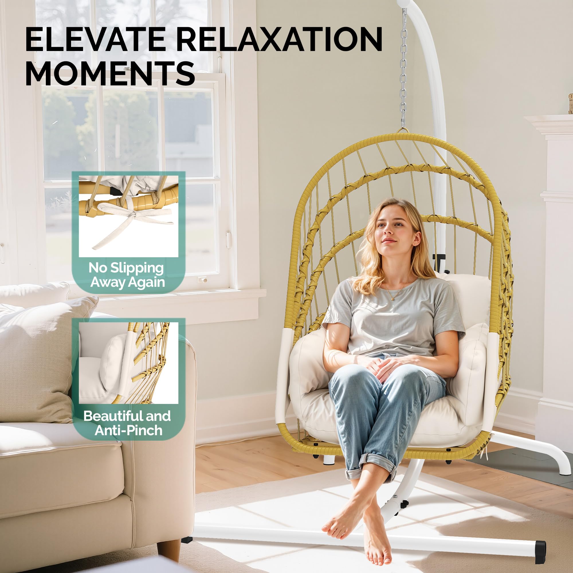 YITAHOME Hanging Egg Chair with Stand, Rattan Wicker Swing Egg Chair with Cushion, 370lbs Capacity, Foldable Hanging Basket Chair for Porch, Garden, Bedroom, Balcony - Beige