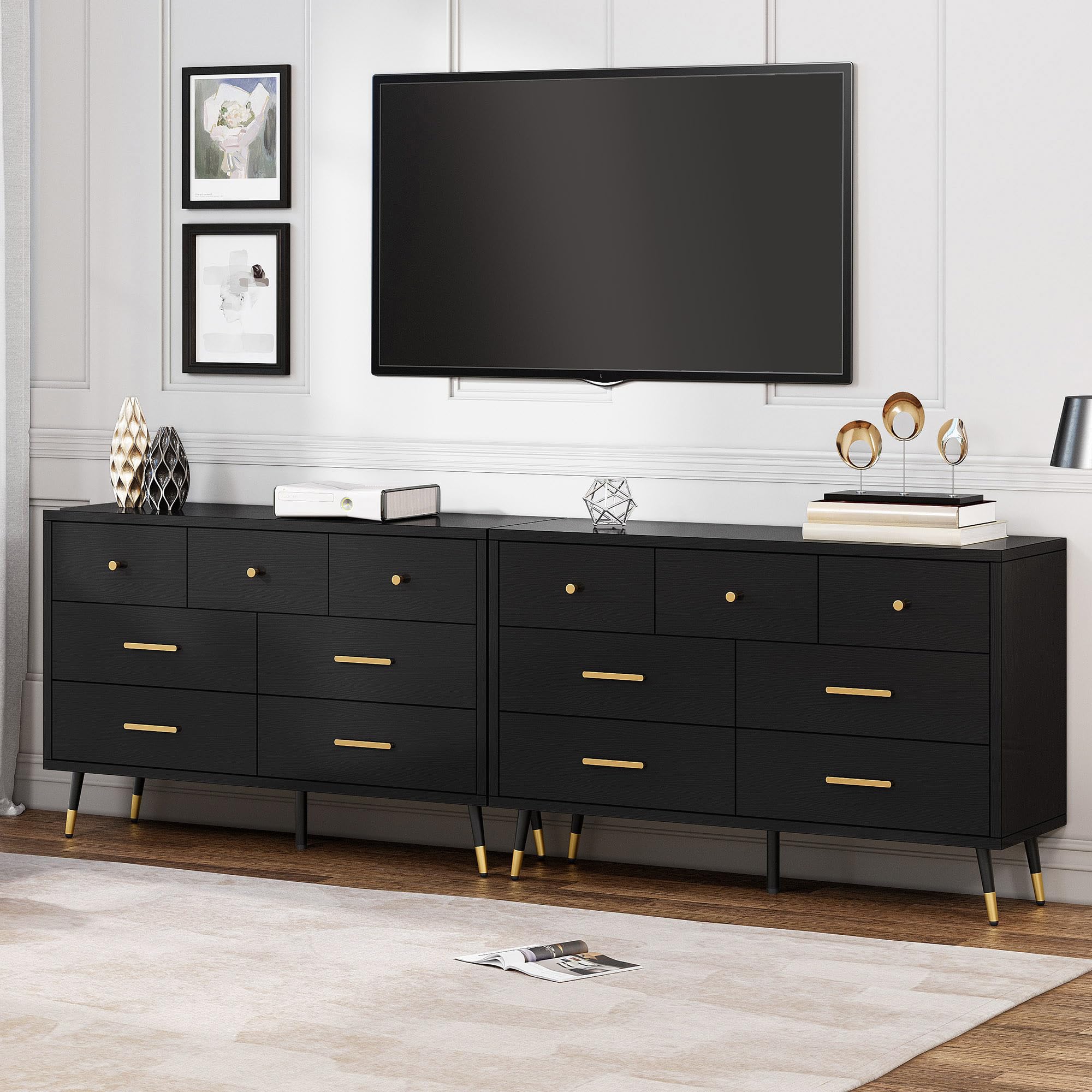 DWVO Black Dresser,7 Drawer Dresser with Wide Drawers and Gold Metal Handles, Wood Dressers & Chest of Hallway, Entryway