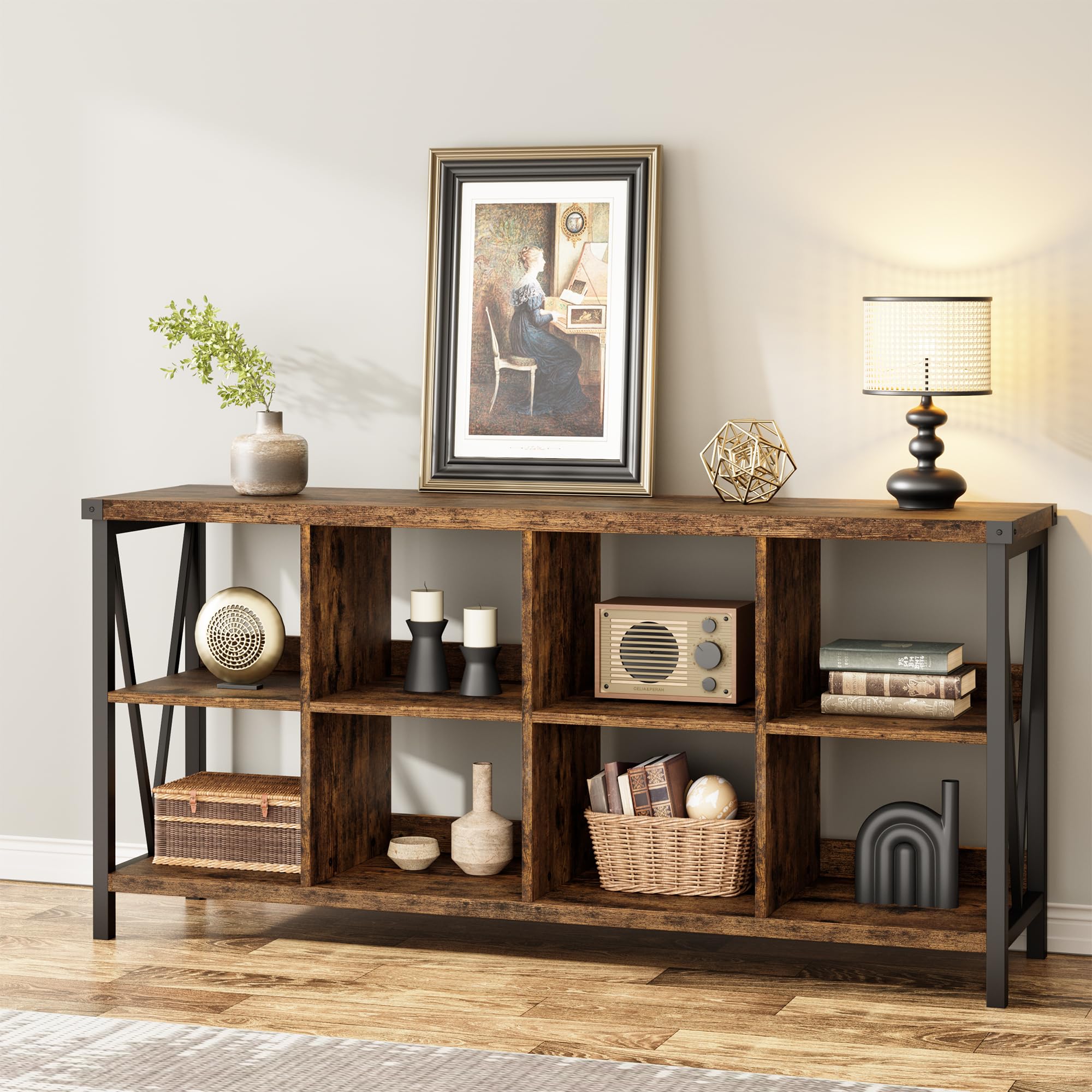 GarveeHome 8 Cube Storage Organizer Bookshelf, 3 Tier Metal Horizontal Bookcase, 62 Inch Console Bookshelf, Industrial Storage Bookcase for Entryway, Long Low Bookshelf for Living Room-Retro Brown