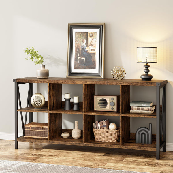 GarveeHome 8 Cube Storage Organizer Bookshelf, 3 Tier Metal Horizontal Bookcase, 62 Inch Console Bookshelf, Industrial Storage Bookcase for Entryway, Long Low Bookshelf for Living Room-Retro Brown