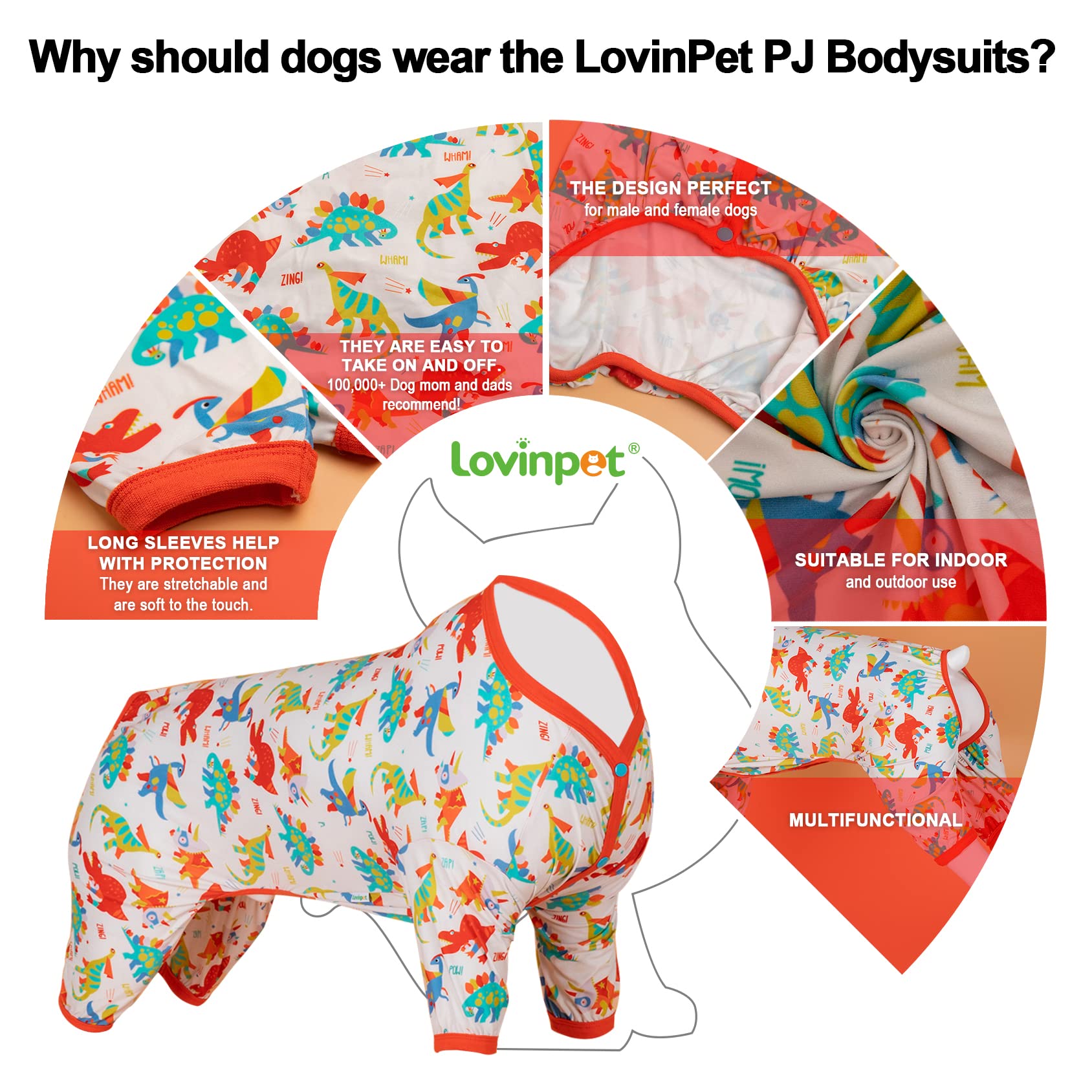 LovinPet Large Dog Pajamas, Undershirt for Dog Coats, Anti Licking, Pitbull Clothes, Pet Anxiety Calming Onesies for Dogs, White Dinos Print, Pet Pajamas for Dogs, Pitbull Shirt, M