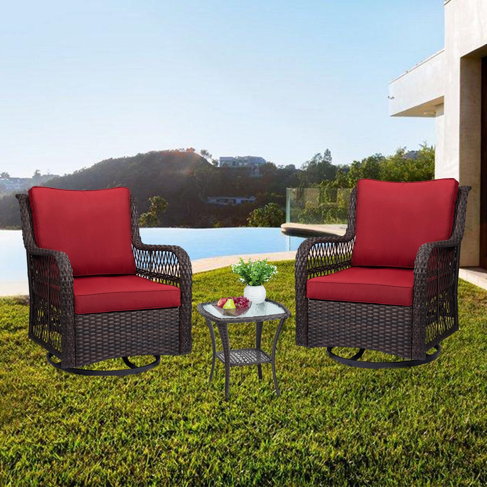 3-Piece Outdoor Wicker Rattan Swivel Rocking Chair Set with Armored Glass Side Table & Premium Cushions - 360° Swivel Patio Furniture for Backyard, Porch, Deck, Balcony, Garden, Rust