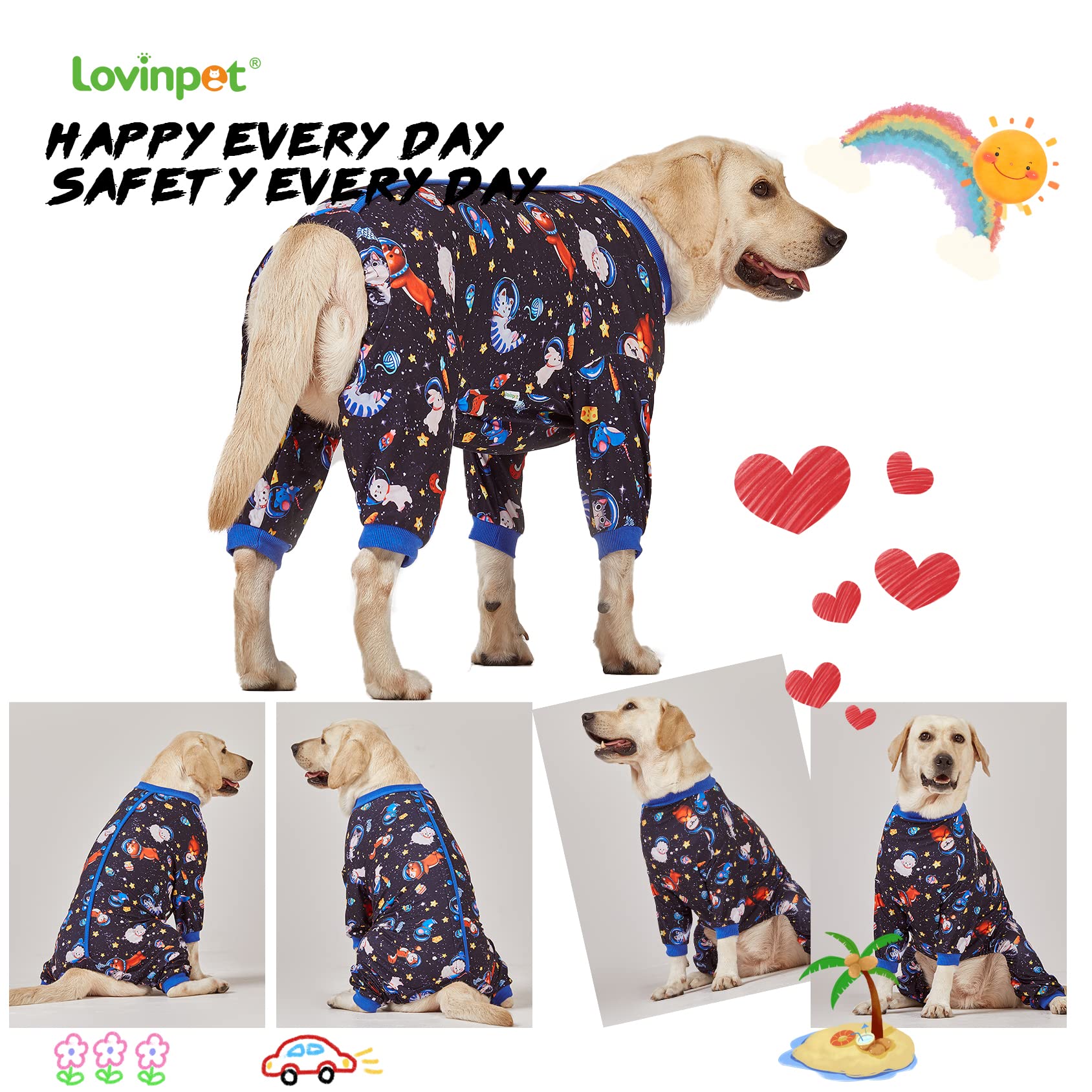 LovinPet Large Big Dog Pajamas - Anxiety Calming Dog Onesie, Pet Pajamas for Dogs, Lightweight Stretchy 4 Legged Style Large Dog Jammies, Space Animals Black Print, Pet Pjs,Black 3XL