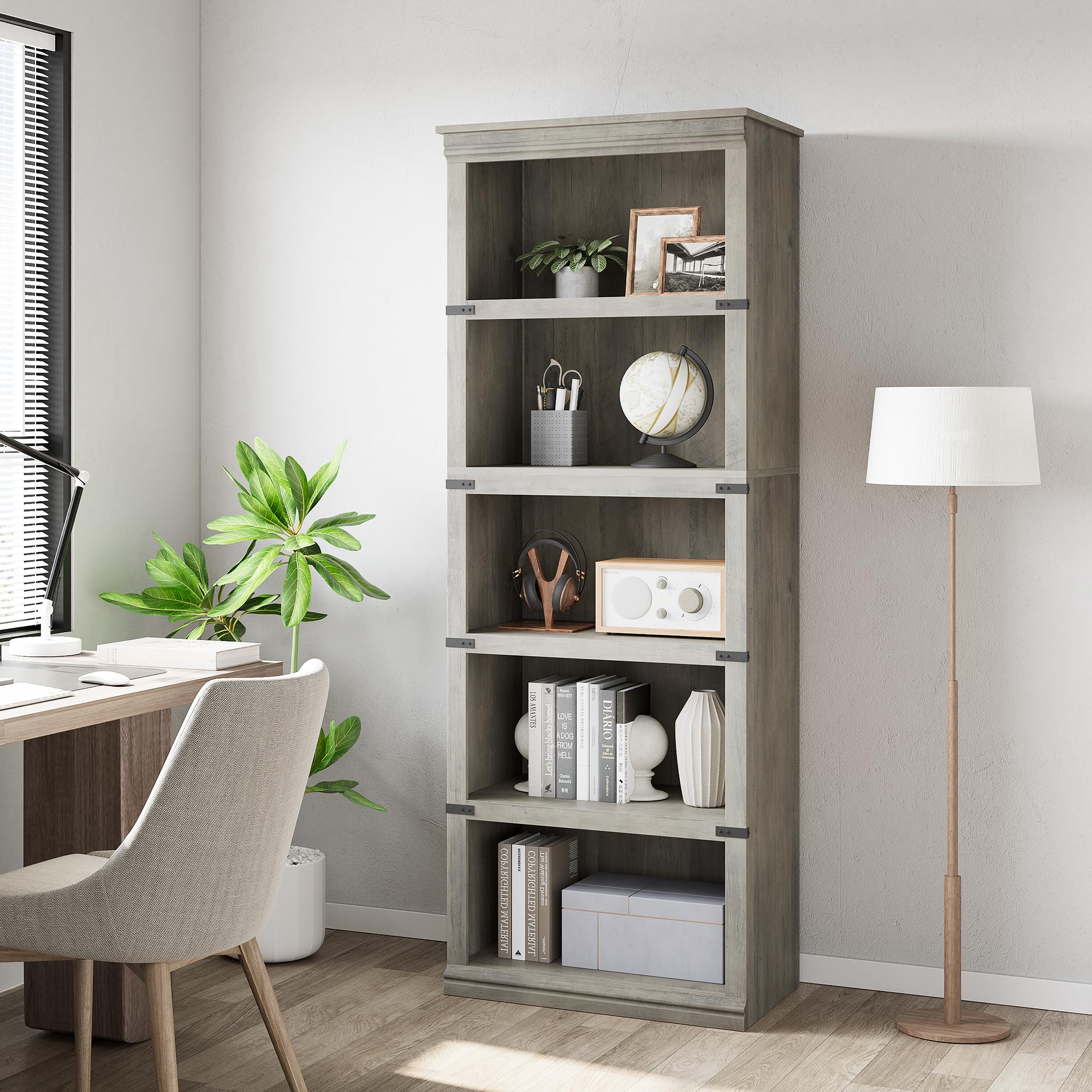 GarveeHome 5 Tier Farmhouse Bookcase, 67.4" Tall Book Shelf with Storage, Wooden Bookshelves 5 Shelf Display Shelvesfor Home Office, Living Room, Bed Room (Grey, 67.4" H x 24.4" W x 12.8" D)