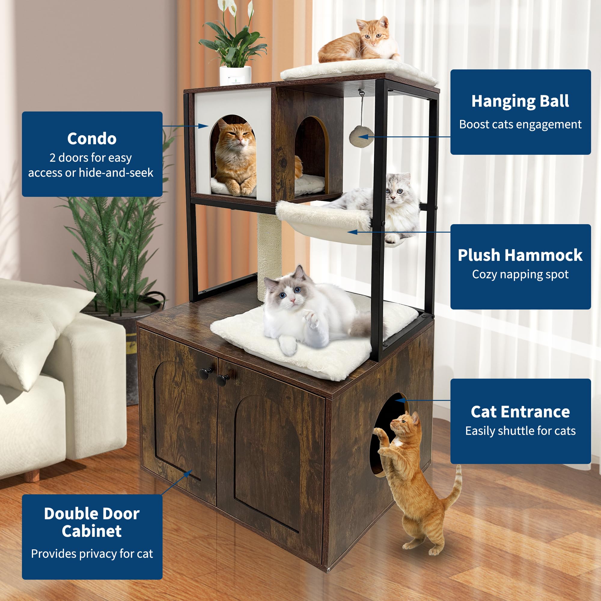 Litter Box Enclosure with Cat Tree, Corner Kitty Litter Box Enclosure Furniture Dog Proof Wooden Cats Cabinet with Condo, Plush Hammock, Scratching Post and Play Ball
