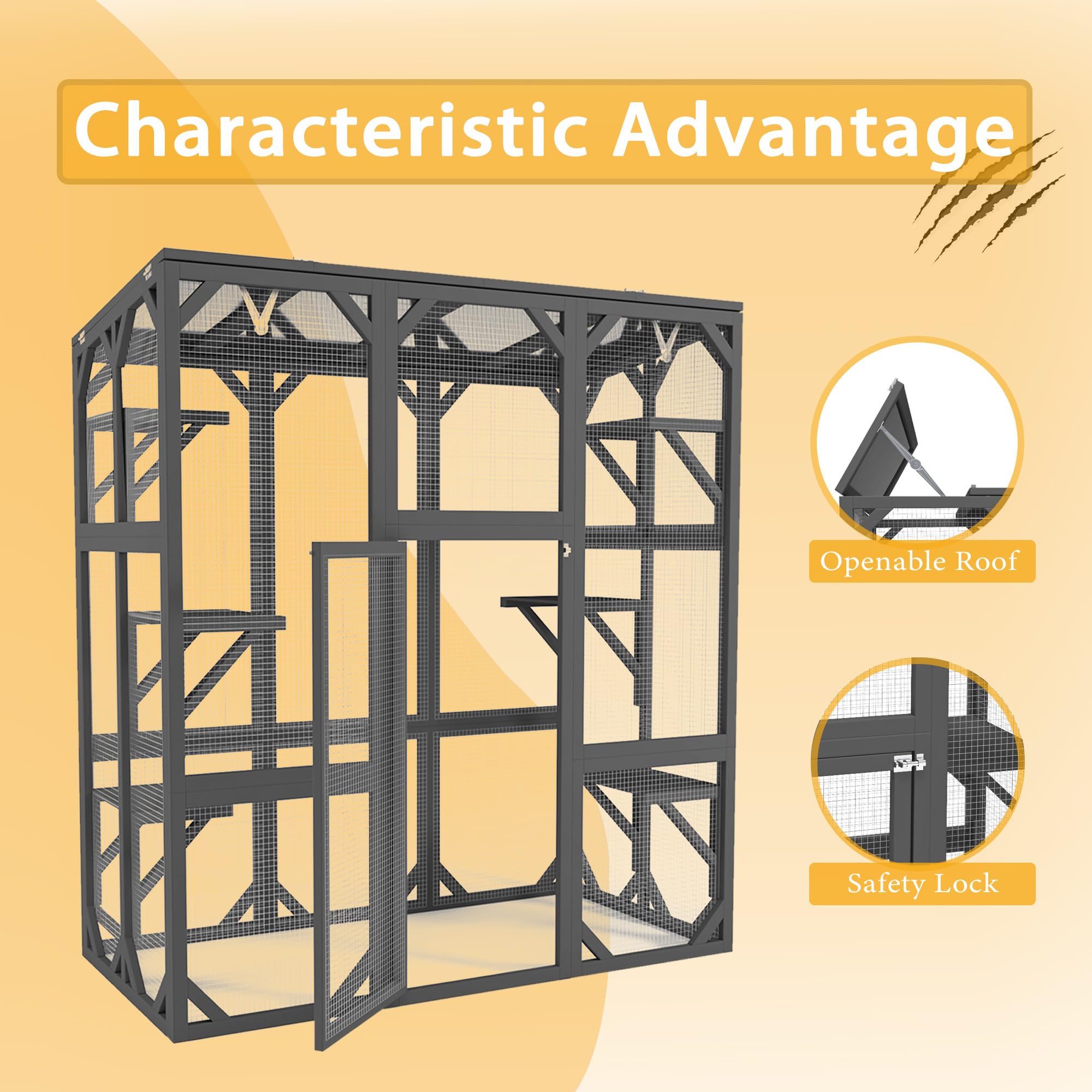 60'' Catio Outdoor Cat Enclosure Large Cat House for Mulitiple Cats Walk in Kitty Cage with Waterproof Roof, 6 Jumping Platform, Wooden Walk-in Cats Shelter, Grey
