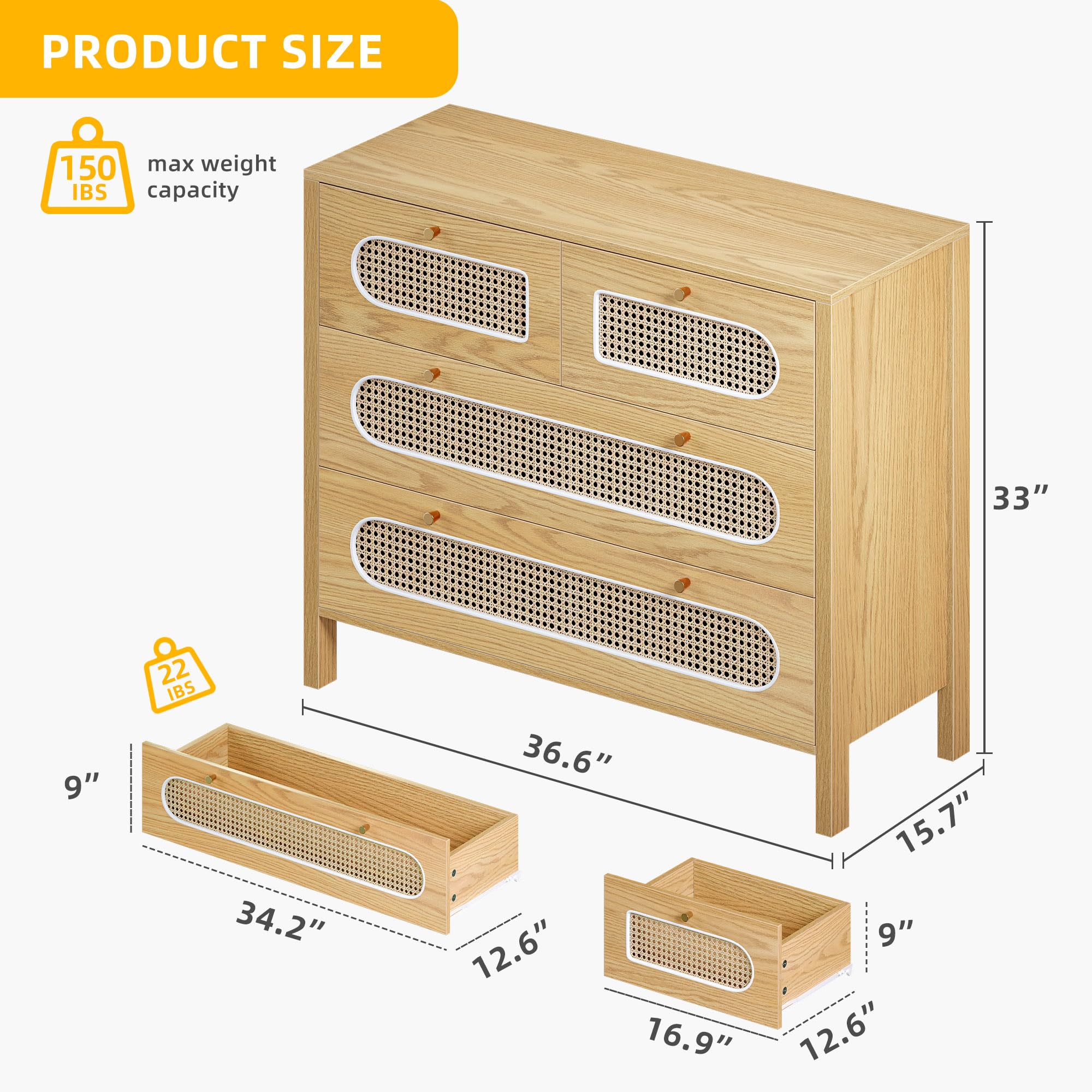 DWVO Natural Rattan 4 Drawer Dresser, Oak Rattan Dressers Chest of Drawers, Wood Storage Cabinets Corner Bedside Table for Dressering Room, Entryway, Hallway, Hold up to 200lbs