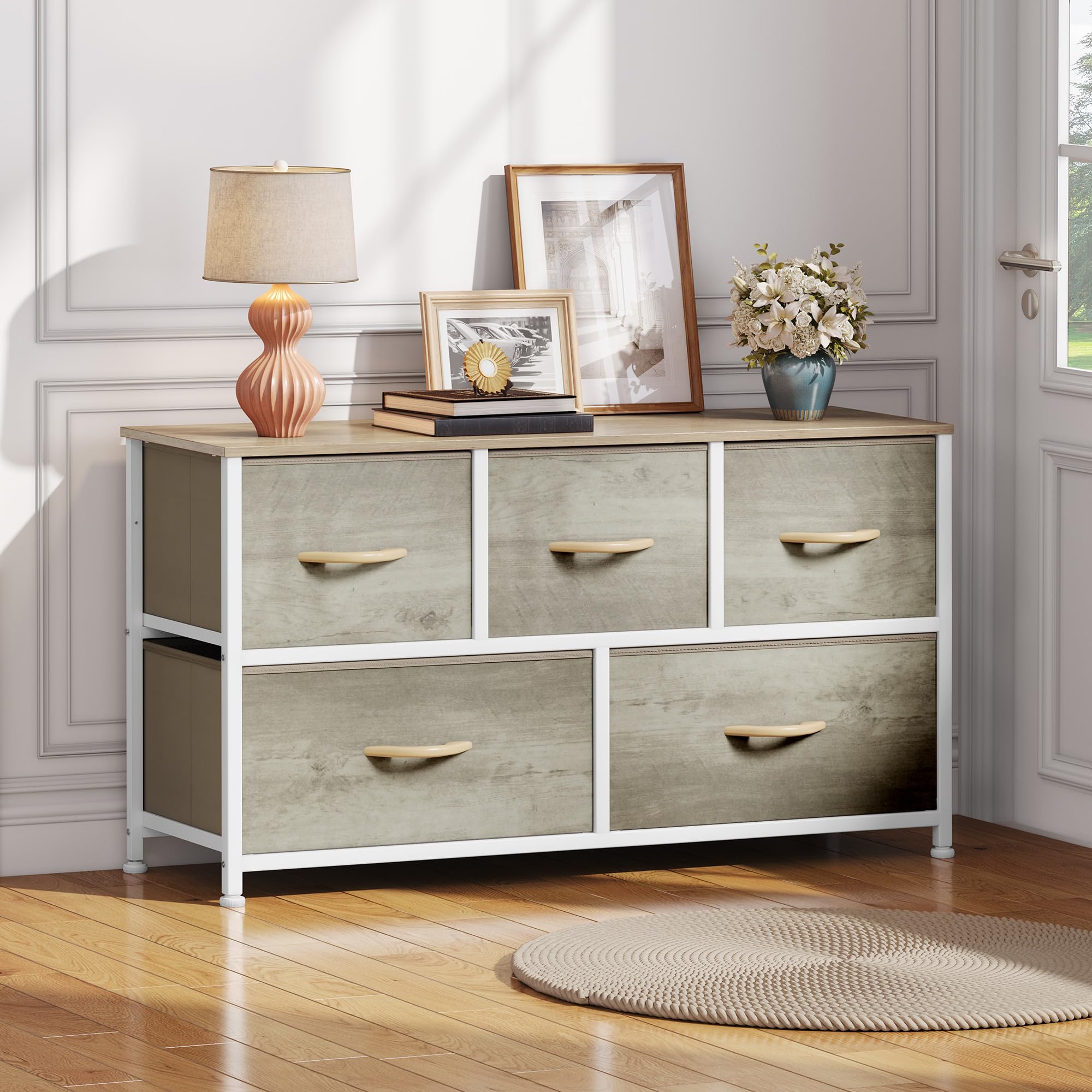 DWVO Wide Chest of Drawers, Dresser with 5 Drawers, Oak Grain Fabric Storage Tower, Dresser for Room with 5 Drawers, Living Room, Closets - Sturdy Steel Frame, Wooden Top