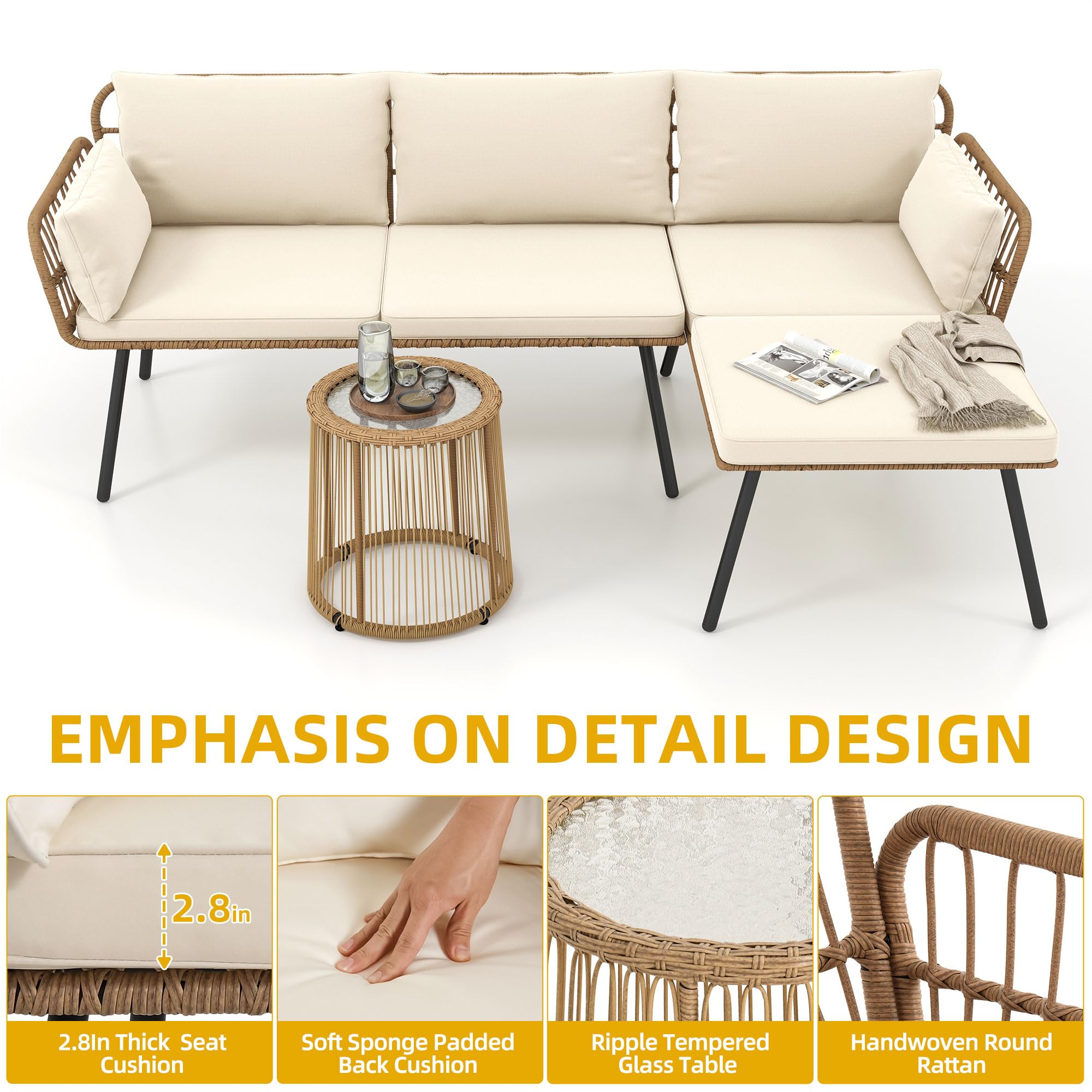DWVO 3 Pieces Patio Furniture Set, Wicker Conversation Sectional Sofa, L-Shaped Sofa with 4 Seater for Backyard, Porch, Boho Detachable Lounger with Cushions and Coffee Table - Beige