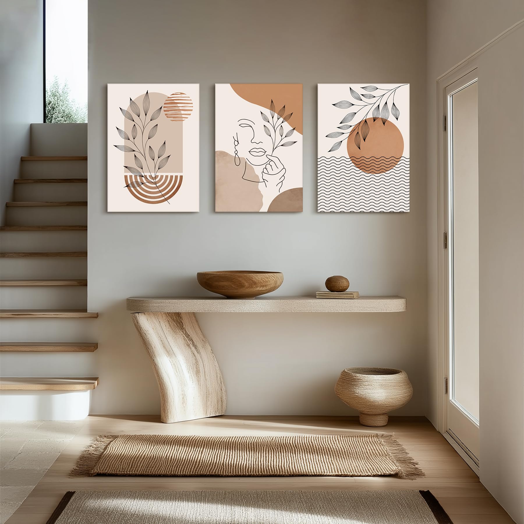 SERIMINO Boho Framed Wall Art Set of 3, Minimalist Wall Decor Living Room, Geometric Line Leaf Sun Moon Canvas Artwork Paintings for Bathroom, Home Decor Print, 20"X28"