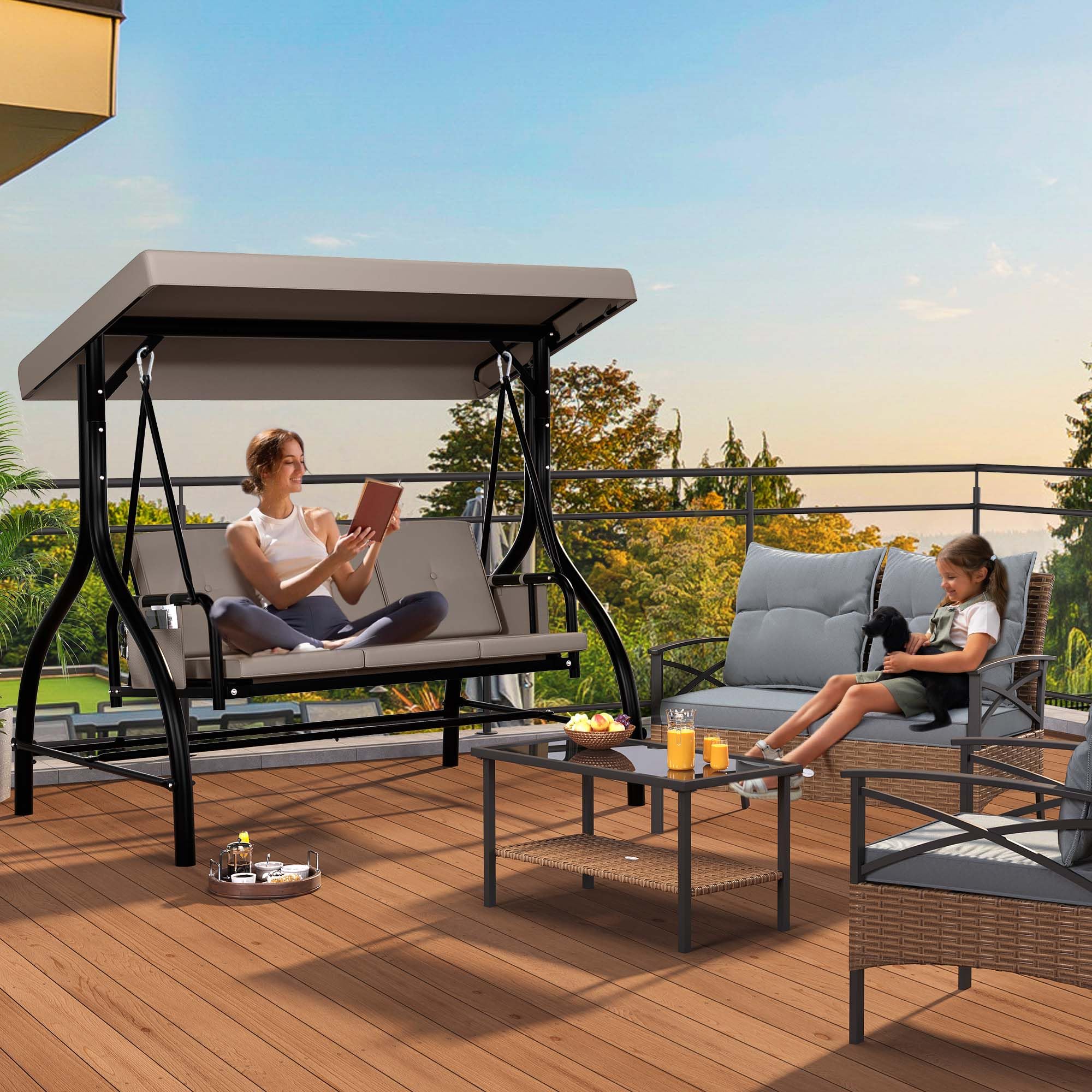 DWVO 3-Seat Outdoor Porch Swing with Adjustable Canopy - Heavy Duty Swing Chair with Removable Cushion, Backyard (Gray)