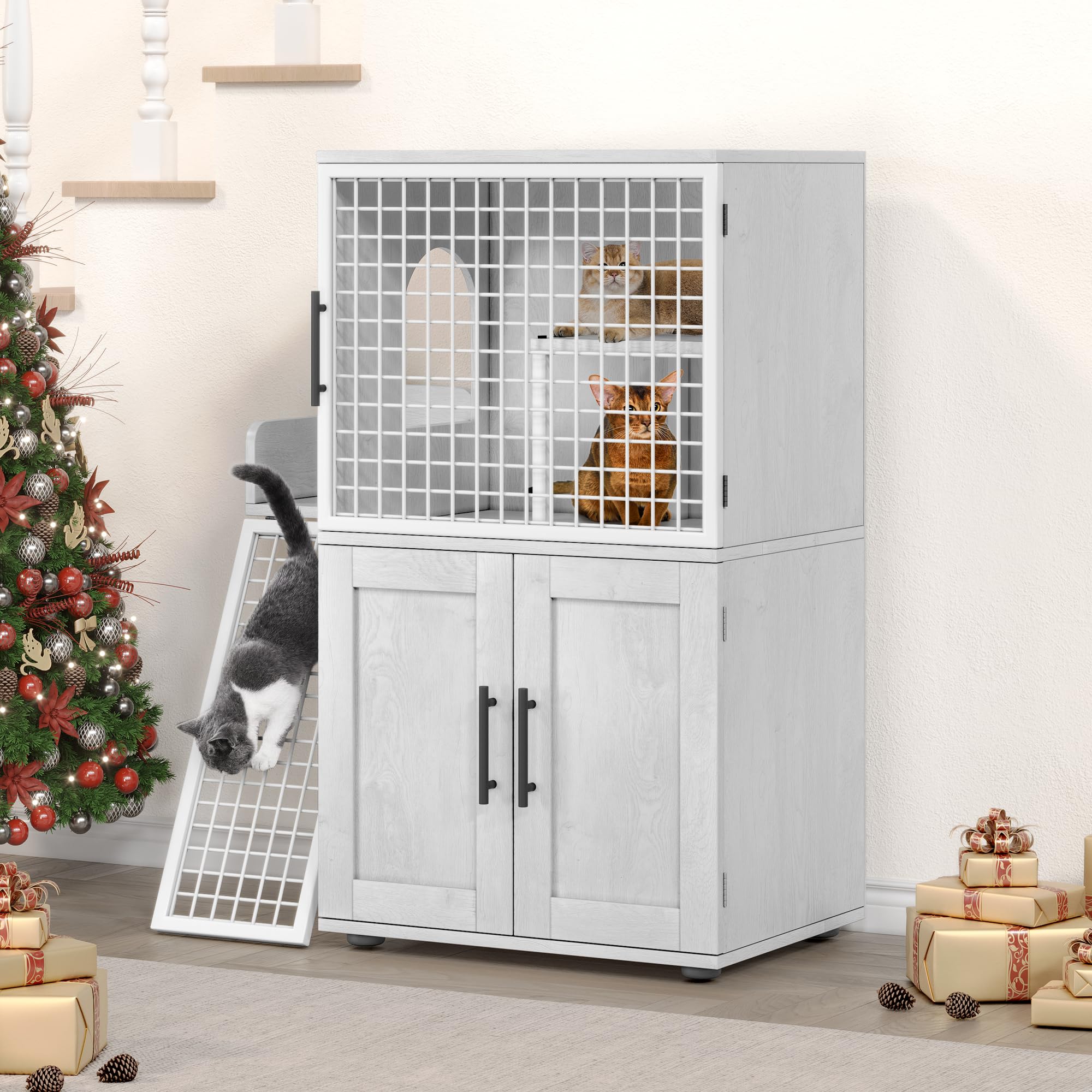 IDEALHOUSE Villa Litter Box Enclosure With Platform, Double Layer Hidden Furniture, Indoor Modern Cat Washroom, House With Ladder, 33.5" L x 17.9" W x 41.9" H, Antique White