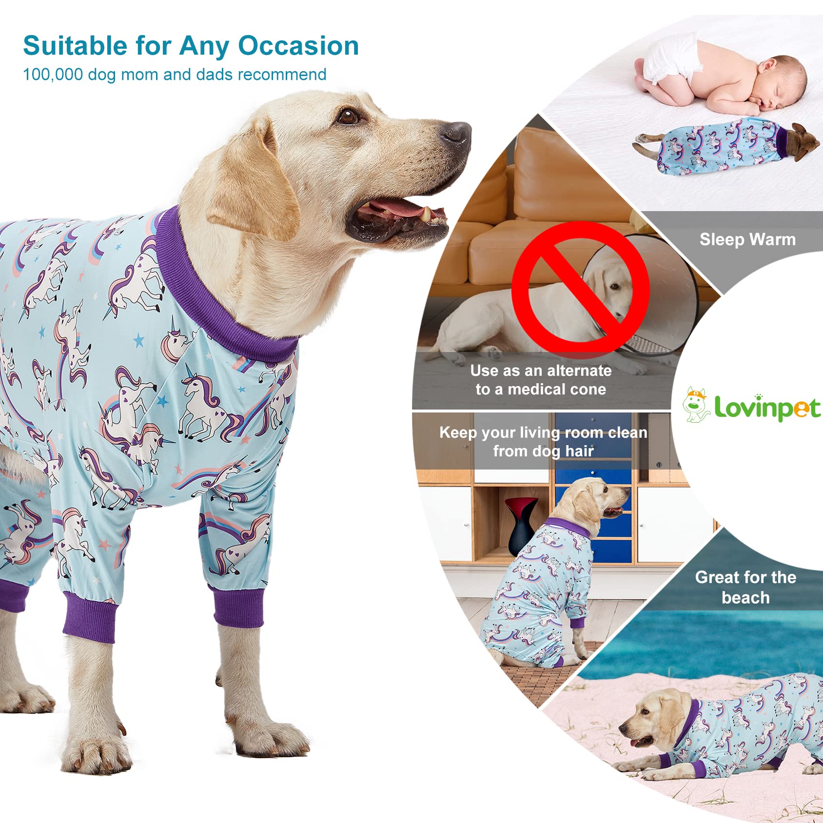 LovinPet Large Dog Pajamas PJS, Wound Care/Post Surgical Recovery Shirt for Big Dogs, Lightweight Stretchy Pullover Dog Onesie, Stop Shedding for Dogs, Magical Unicorn Rainbow Print, Pet PJ's, 2XL