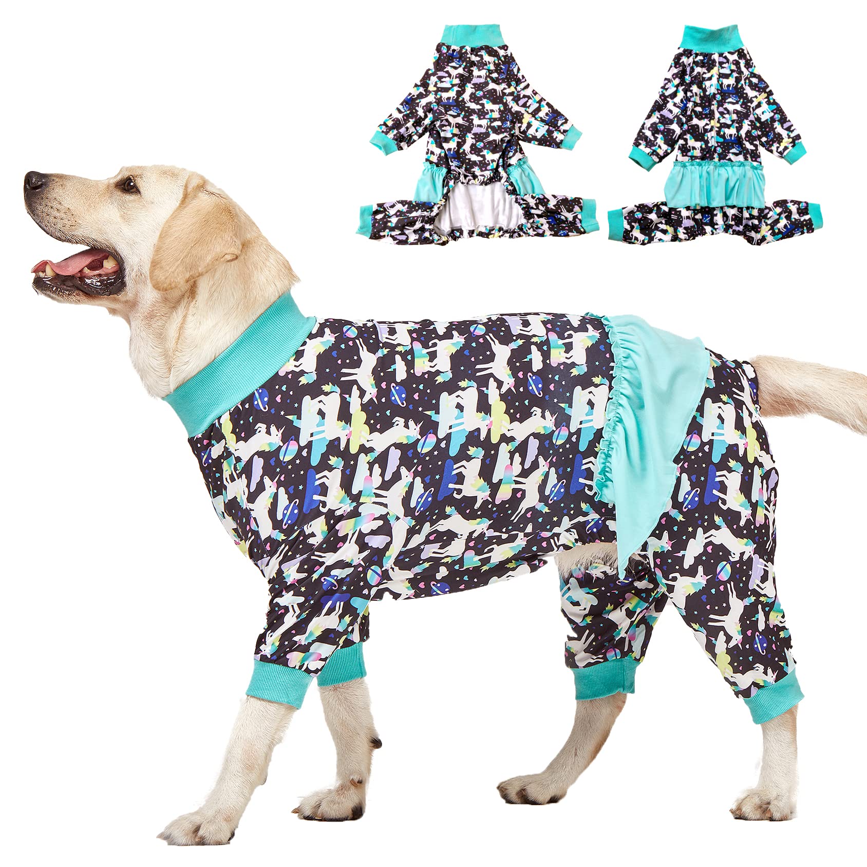 LovinPet Large Giant Dog Pajamas, Post Surgery Recovery Shirt for Large Dogs, Unicorns in Space Black Print, Lightweight Big Dogs Pullover, Full Coverage Breed Dog Jammies, Pet PJ's, L