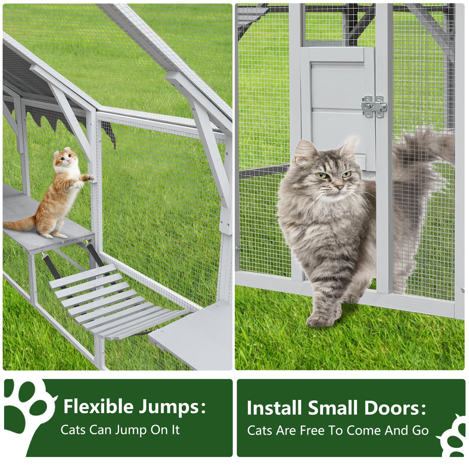 110" Large Wooden Window Catio Outdoor Cat Enclosure Walk in Cat Cage Kitten Playpen Patio with Weatherproof Roof, Multiple Platforms, 2 Bouncy Bridges and 2 Resting Houses