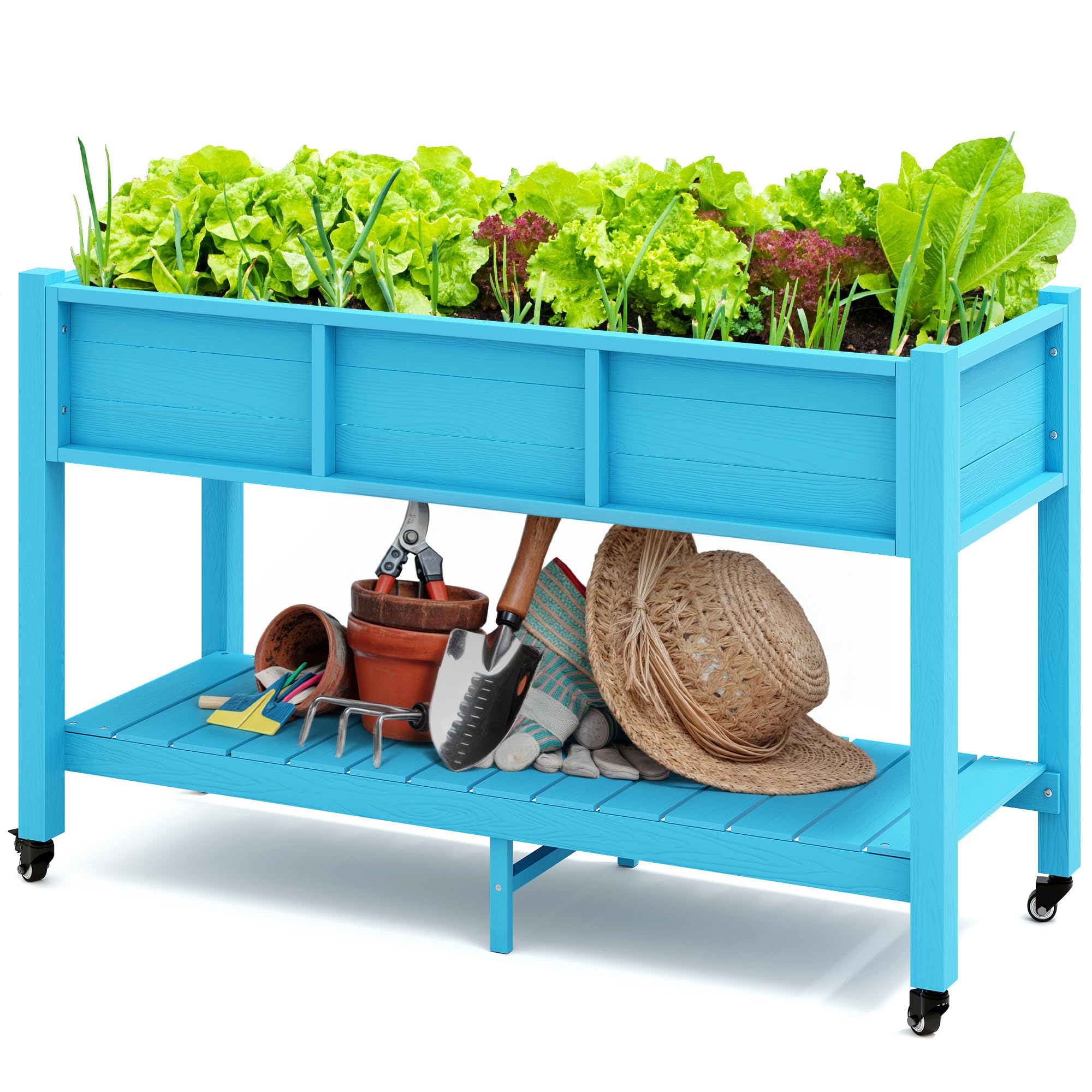 DWVO 47x18x31in Raised Garden Bed, Weather Resistant Poly Wood Planter Box Stand, Planter Box with Legs, Storage Shelf & Lockable Wheels, Elevated Garden Bed for Backyard Patio Balcony - Aruba Blue