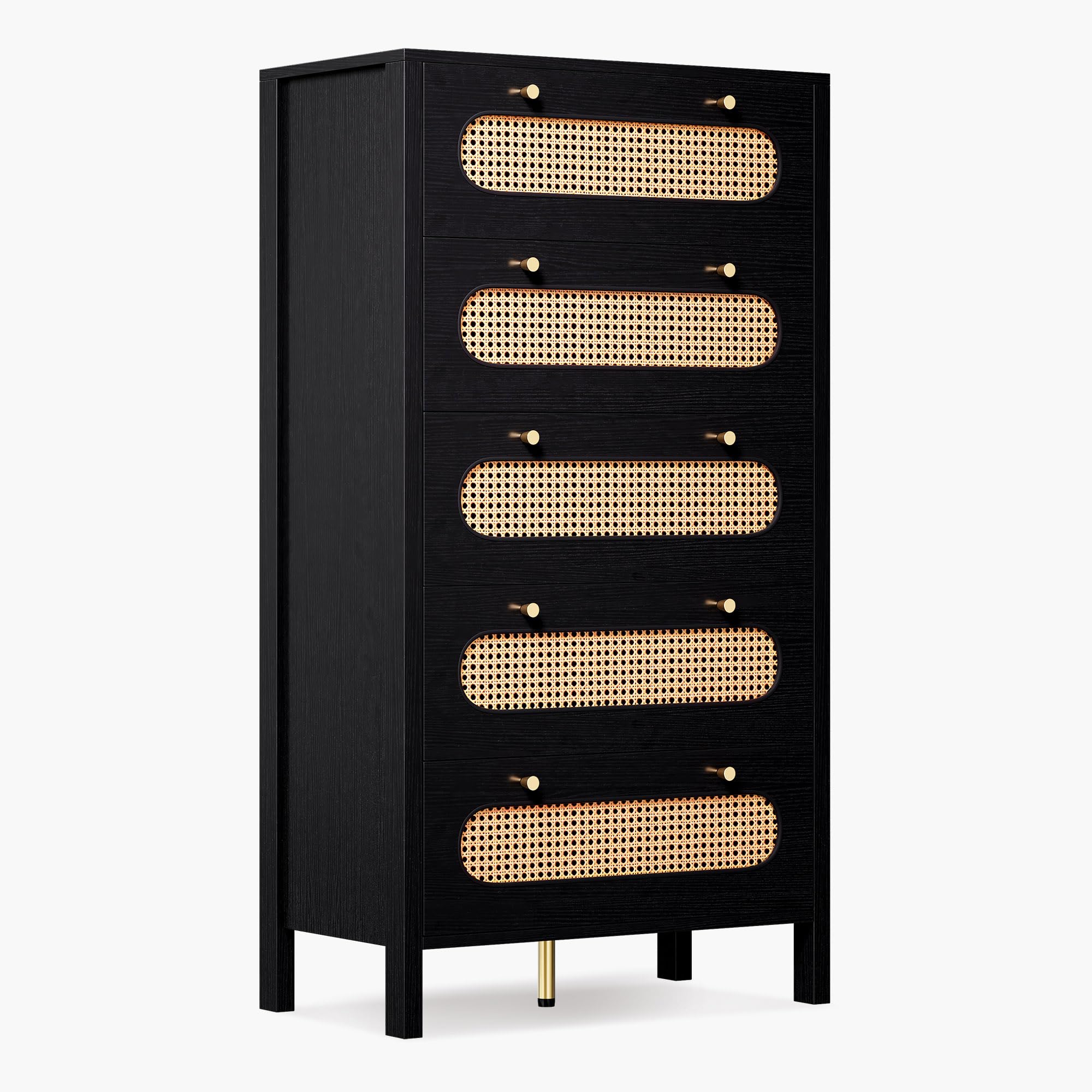 DWVO 47" Tall Natural Rattan Buffet Sideboard Cabinet 5 Drawer Boho Dresser Chest of Drawers with Golden Handles, Wood Dresser Storage Cabinet for Hallway, Entryway, Hold up to 300lbs, Black