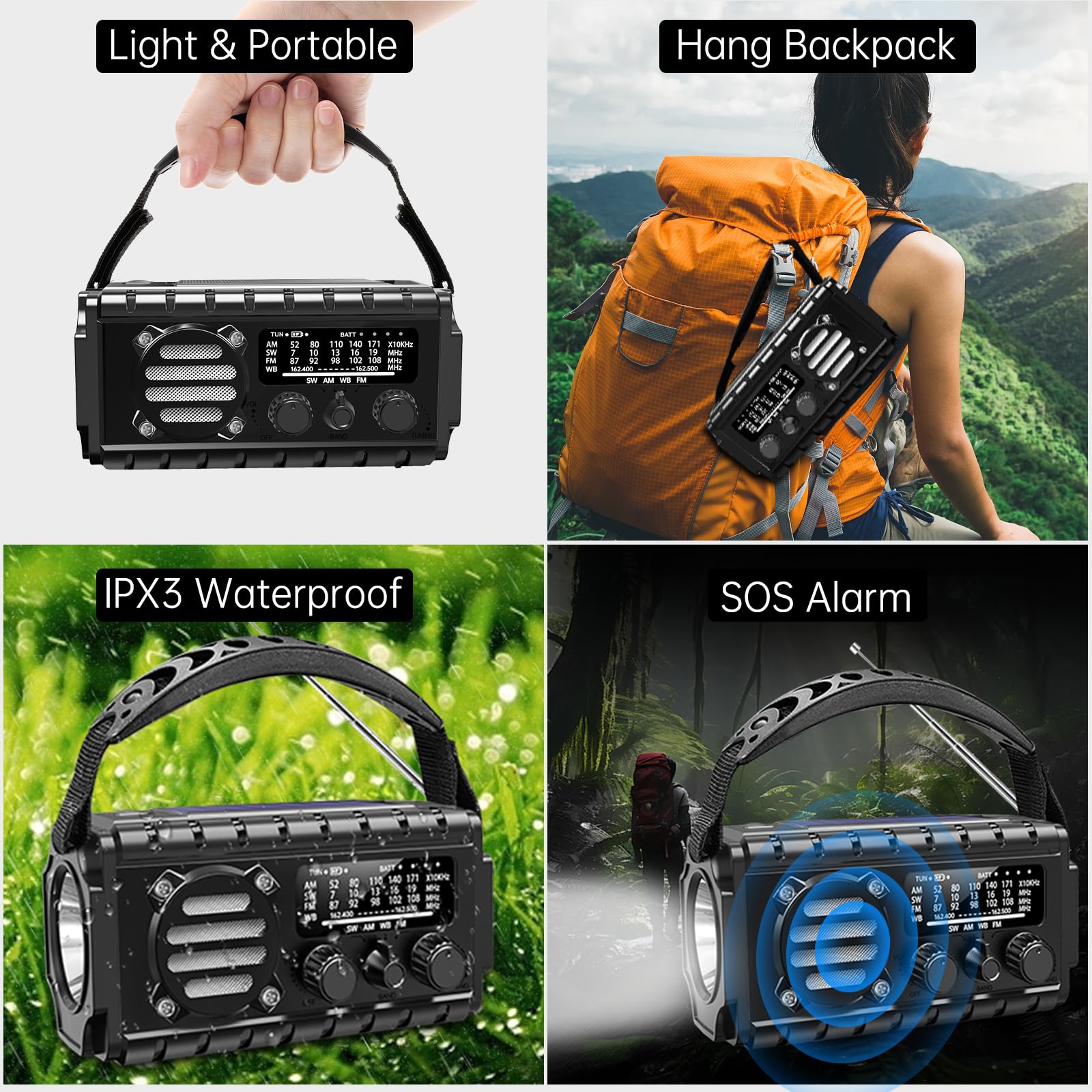 TFTDOUP Emergency Radio Hand Crank Solar, AM/FM/SW NOAA Weather Radio Built-in Flashlight, Reading Light,SOS, Compact & Portable for Camping/Emergencies