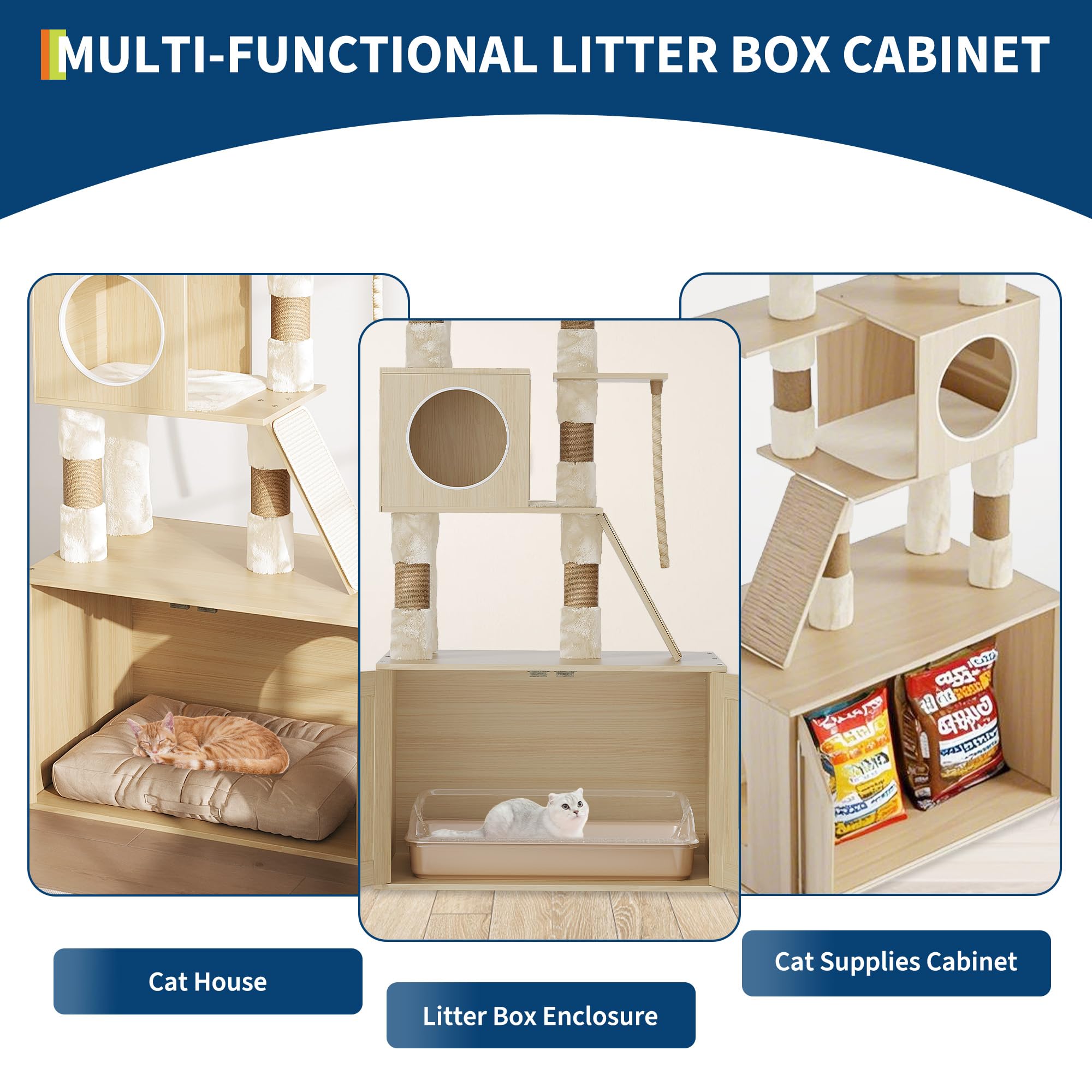 Cat Tree with Litter Box Enclosure, 2-in-1 Modern Cat Tower, 66.9-Inch Tall Cat Condo with Scratching Posts, Perch, Caves,Rattan Nest，Burlywood