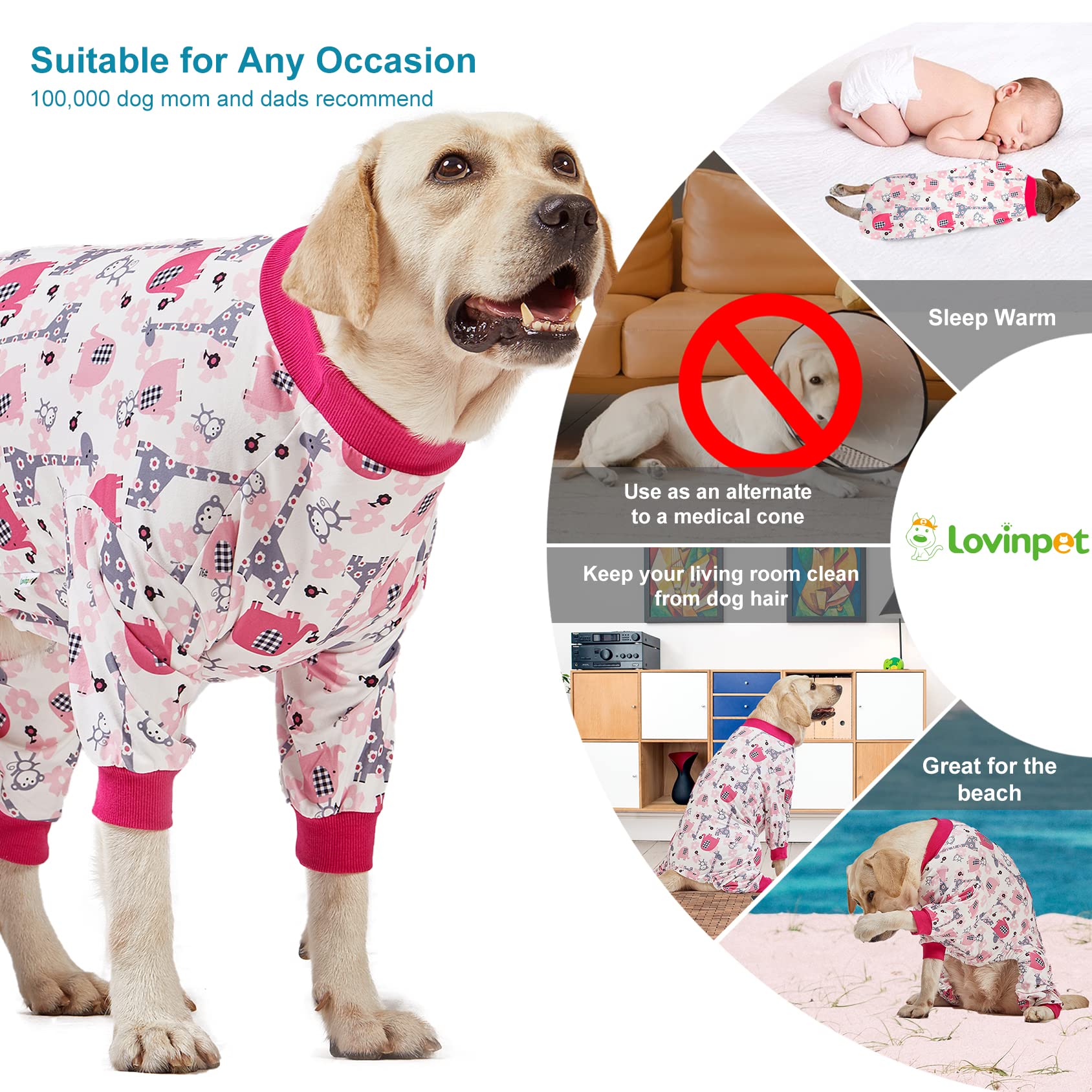 LovinPet Doberman type Dog Onesies, Pet Anxiety Relief, Anti Licking, Post surgery recovery clothe, Lightweight stretch fabric, Jungle Dreams Fuchsia Print, Large Dog Jammies,Large Breed Pet Pj's /3XL