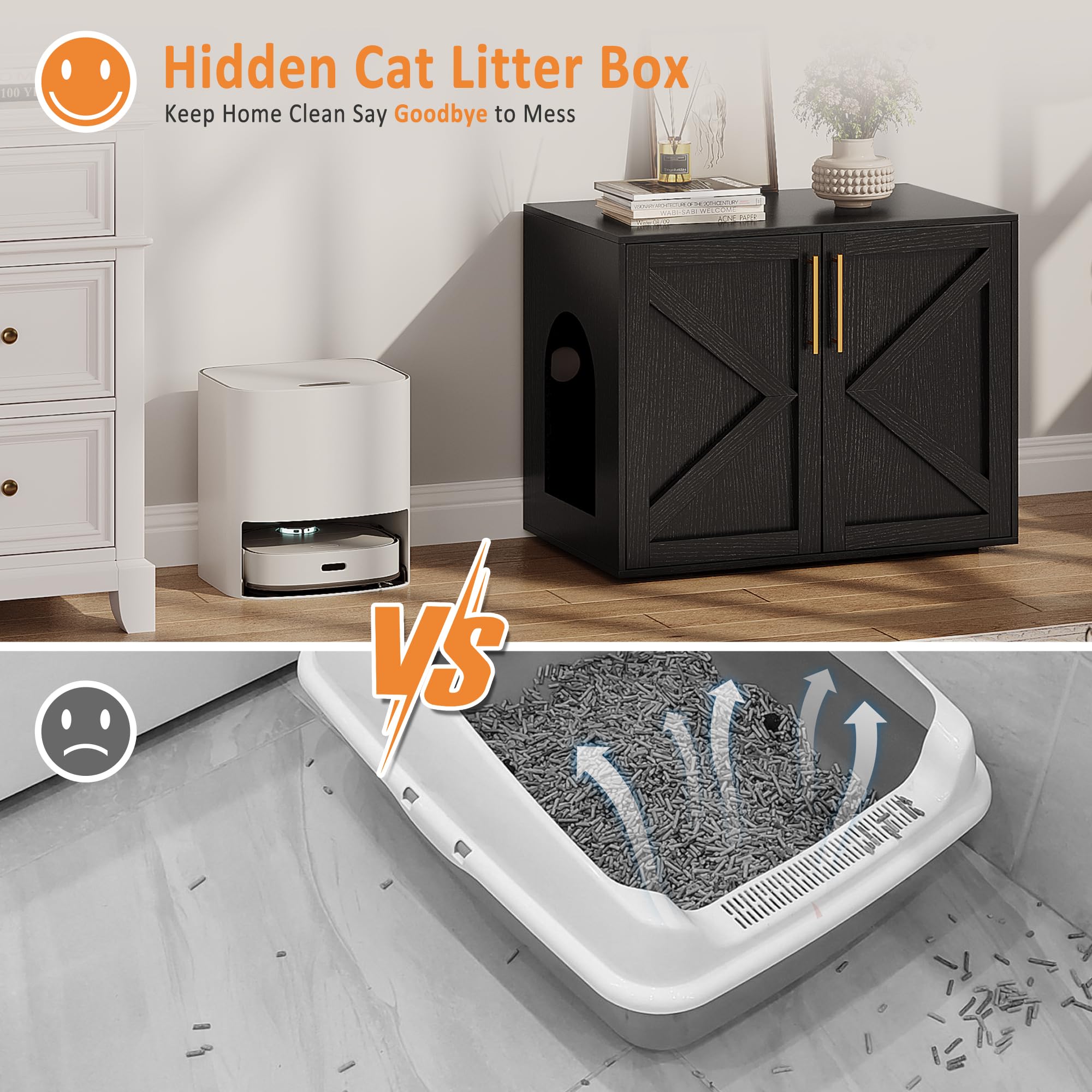 GarveeHome Cat Litter Box Enclosure, Hidden cat Litter Box Furniture with with 2 Doors and Pads, Wooden Kitty Litter Box Cabinet Furniture (Black, 1 Room)