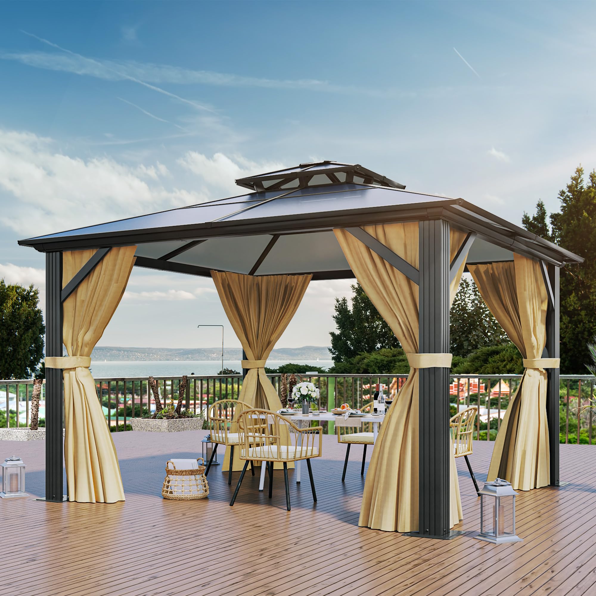 YITAHOME 12x14FT Gazebo Hard-Top Double Roof Canopy Outdoor with Netting and Shaded Curtains, Aluminum Frame Polycarbonate Hardtop Garden Tent for Patio, Backyard, Deck and Lawns, Brown