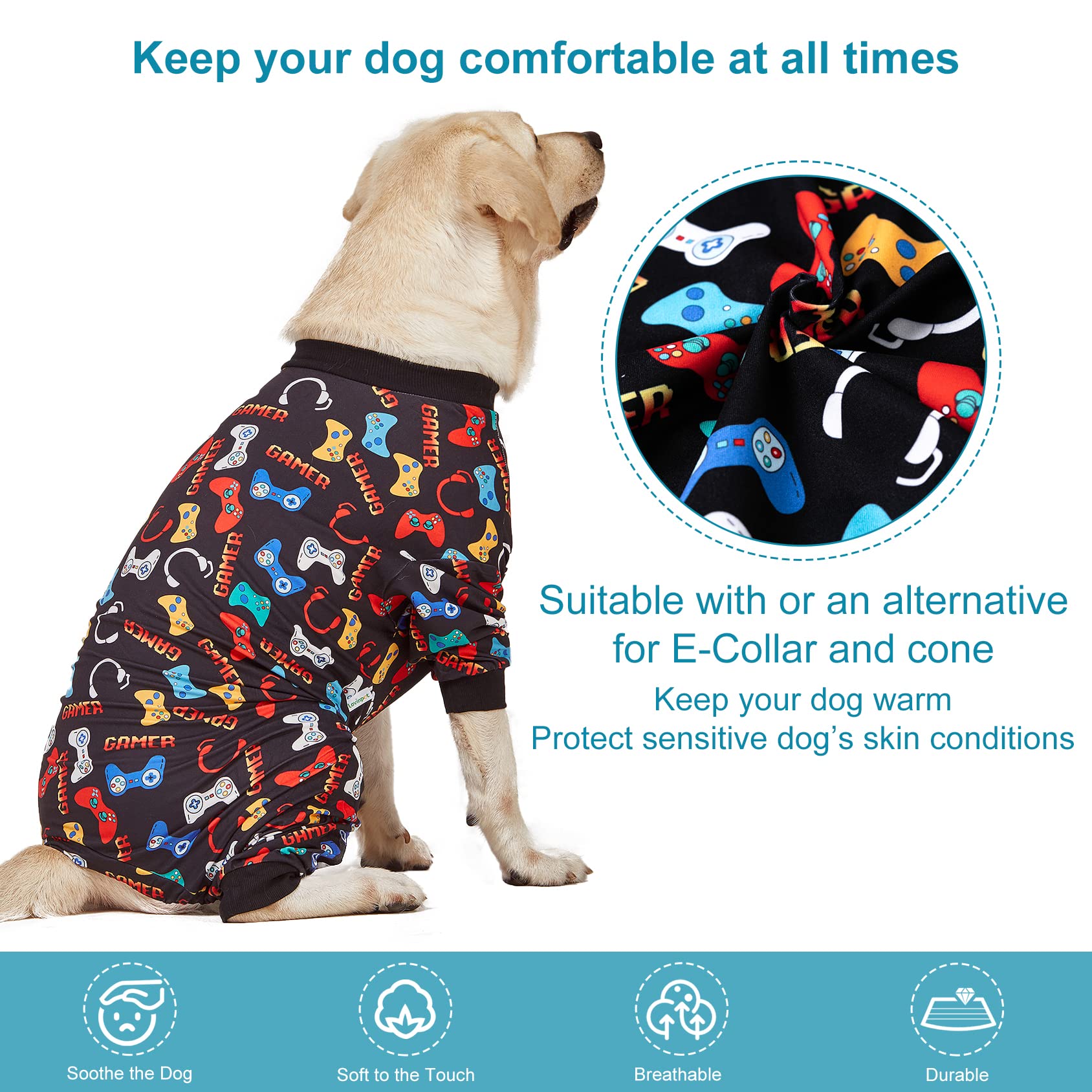 LovinPet Large Dog Pajamas, Game Console Print,UV Protection, Wound Care/Post Surgery Dog Clothes, Pet Anxiety Relief, Lightweight Stretchy Pitbull Pullover Shirt, Onesies for Dogs, Pet PJ's, 3XL