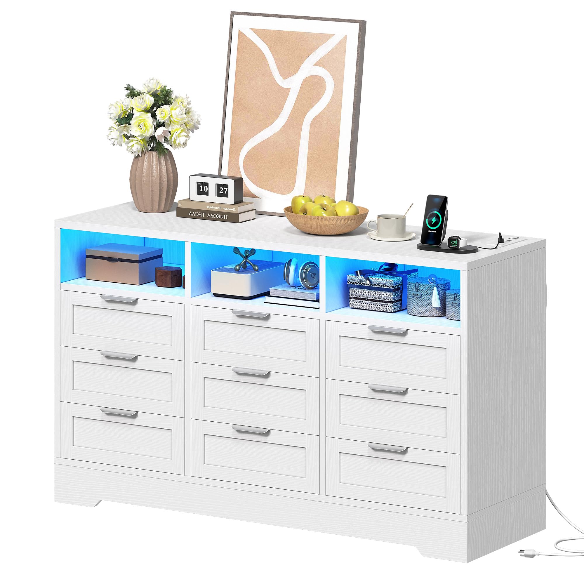 DWVO 9 Drawer Double Dresser with LED Ligh, Modern Chests of Drawers with Power Outlet, High White Storage Dresser with Charging Station-White