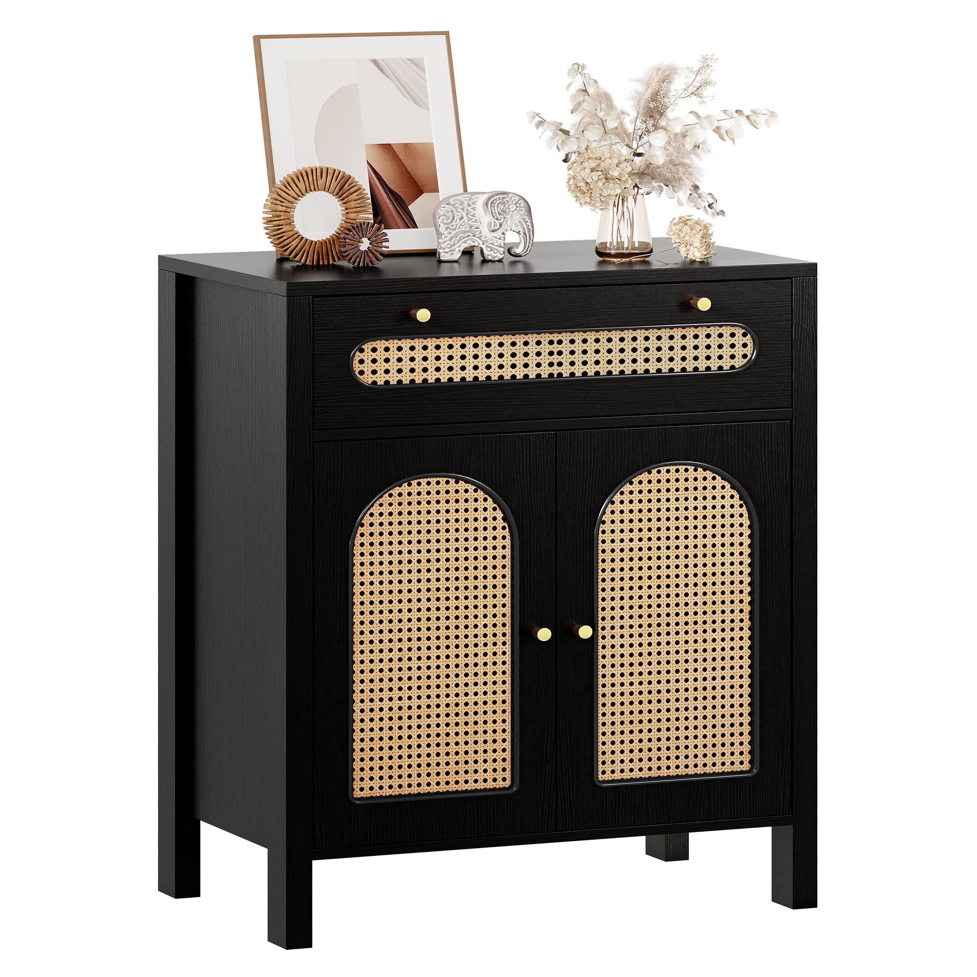 DWVO Rattan Drawer Dresser with Doors and Adjustable Shelves - Bathroom Cabinet with Large Drawer-Accent Cabinet Sideboard for Living Room/Entryway - Black